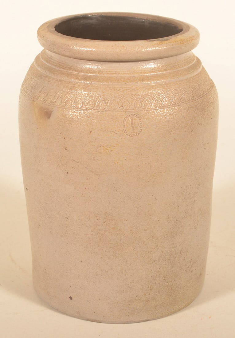 Early Unsigned Morgantown, WV Stoneware Crock: Nice banding around the shoulder of the jar. Capacity mark with raised dots surrounding it is another indicator it is Morgantown. Very nice color to the glaze. 9 3/4"H