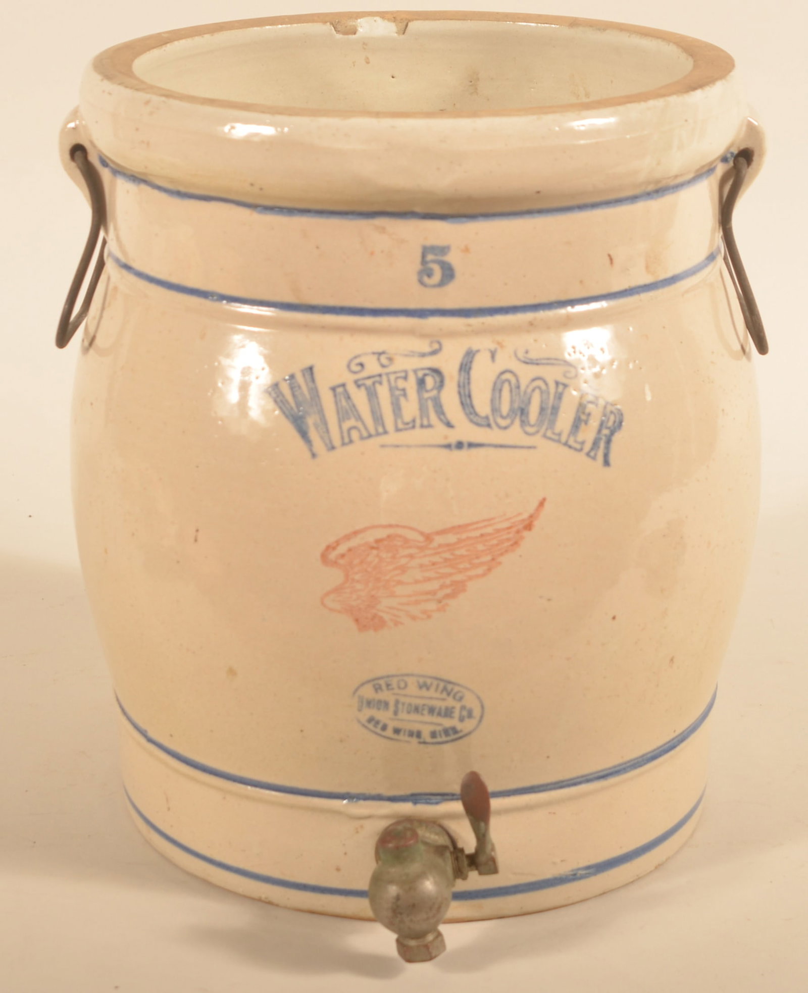 5-Gallon Redwing Water Cooler: Iconic Redwing logo with "Red Wing Union Stoneware Co Red Wing, Minn". Original spigot and handles, no lid. 14 3/8"H