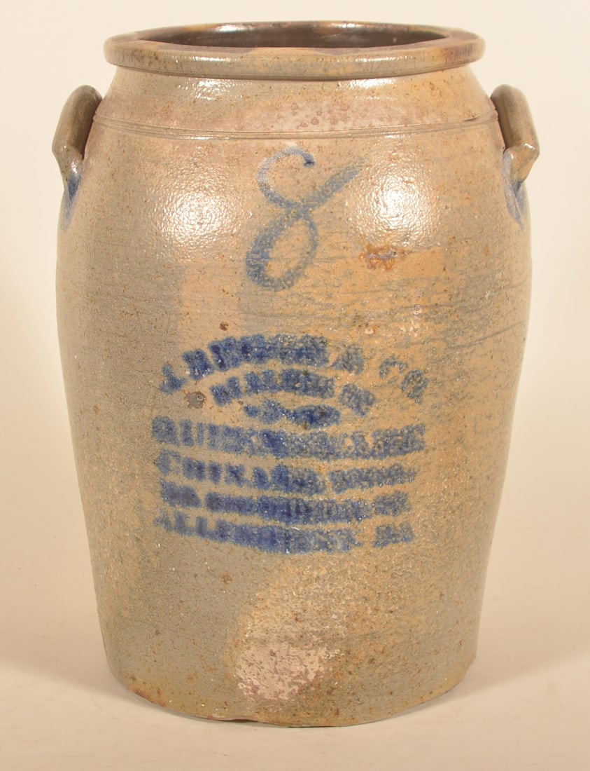 Rare Allegheny, PA 8-Gallon Stoneware Crock: The rear of this crock is very intriguing. There is an impressed eagle with stars and arrows, similar to the badge worn on a Hardee hat during the Civil War along with an impressed name "F.T. Huggans"