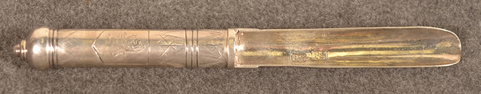 Silver Engraved Apple Corer: Nicely engraved handle with crude crosshatch design and the initials "C T H". Hallmark inside of corer is "PS" which is stamped twice. 5 3/4"L