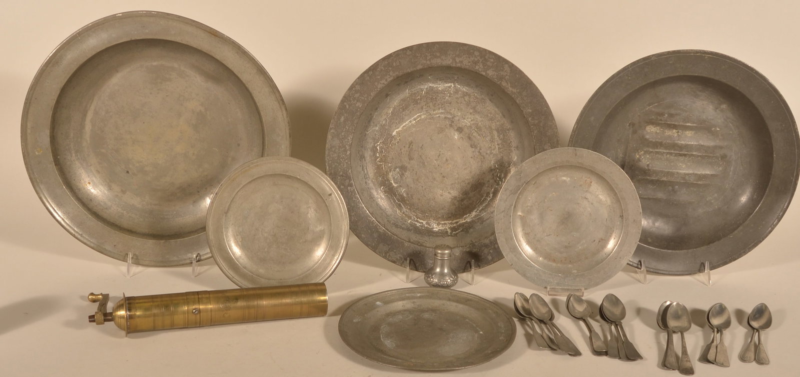 Collection of Pewter Plates, Spoons & Brass Grater (1 of 6)