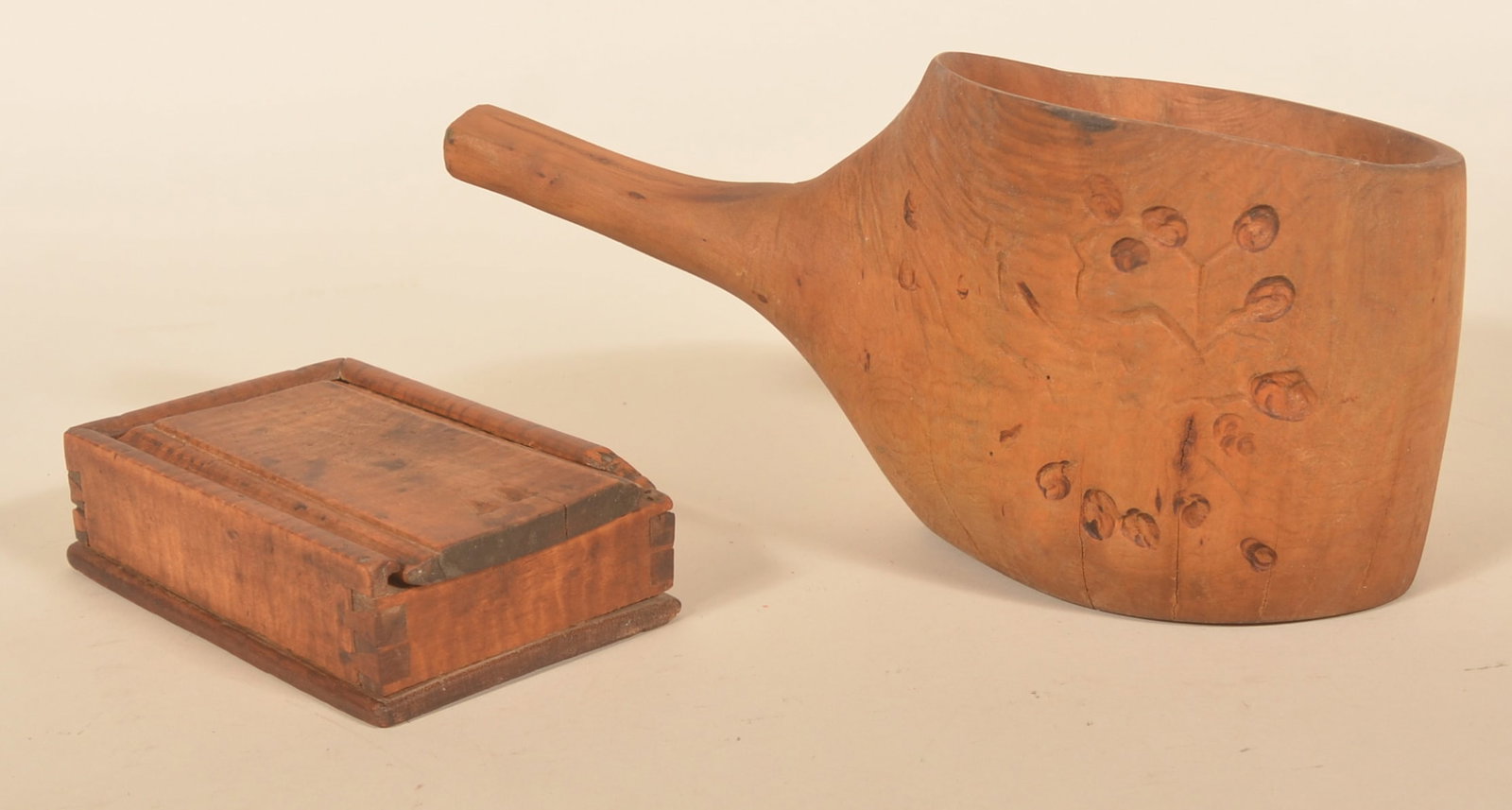 Diminutive Tiger Maple Spice Box & Lg. Wood Ladle: Great, early dovetailed tiger maple slide-lid box with spice compartments inside. Partial name carved on bottom. Very large wood ladle carved from a tree burl with a carved cyclops on one side and a g