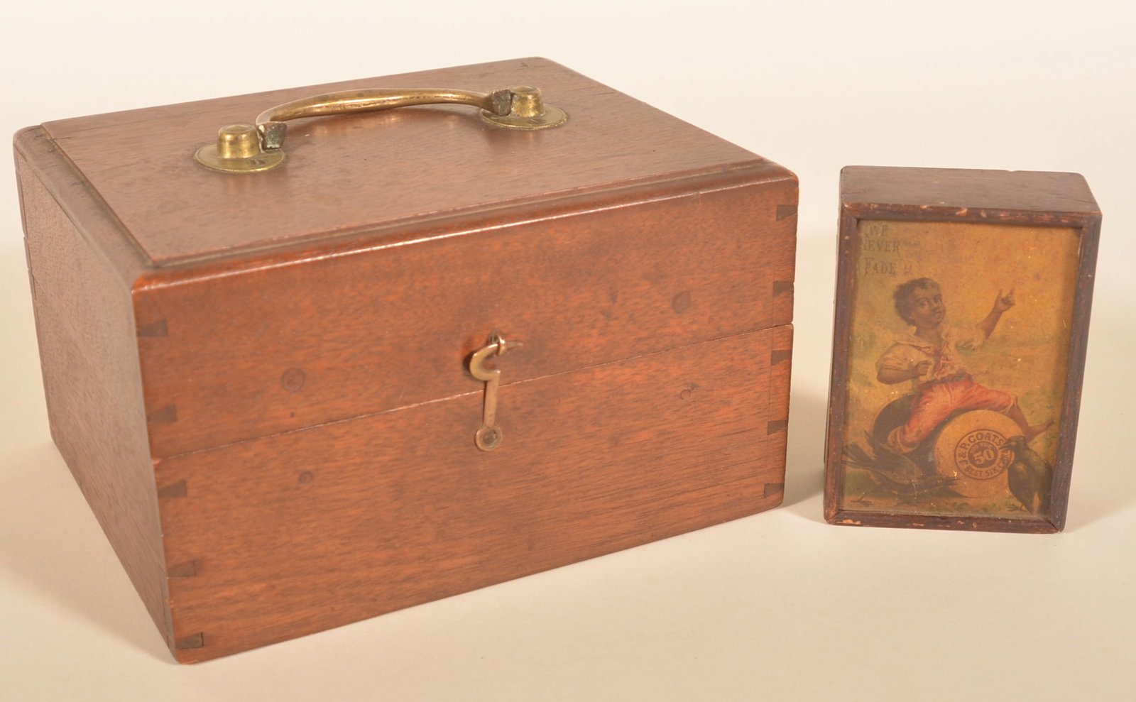 Small Antique Walnut Document Box & Folk Art Box: Early-19th-century dovetailed walnut document box with original brass handle and hook/eye. Together with a small slide-lid shipping box with added spool cotton trade cards for decoration. Walnut box, 