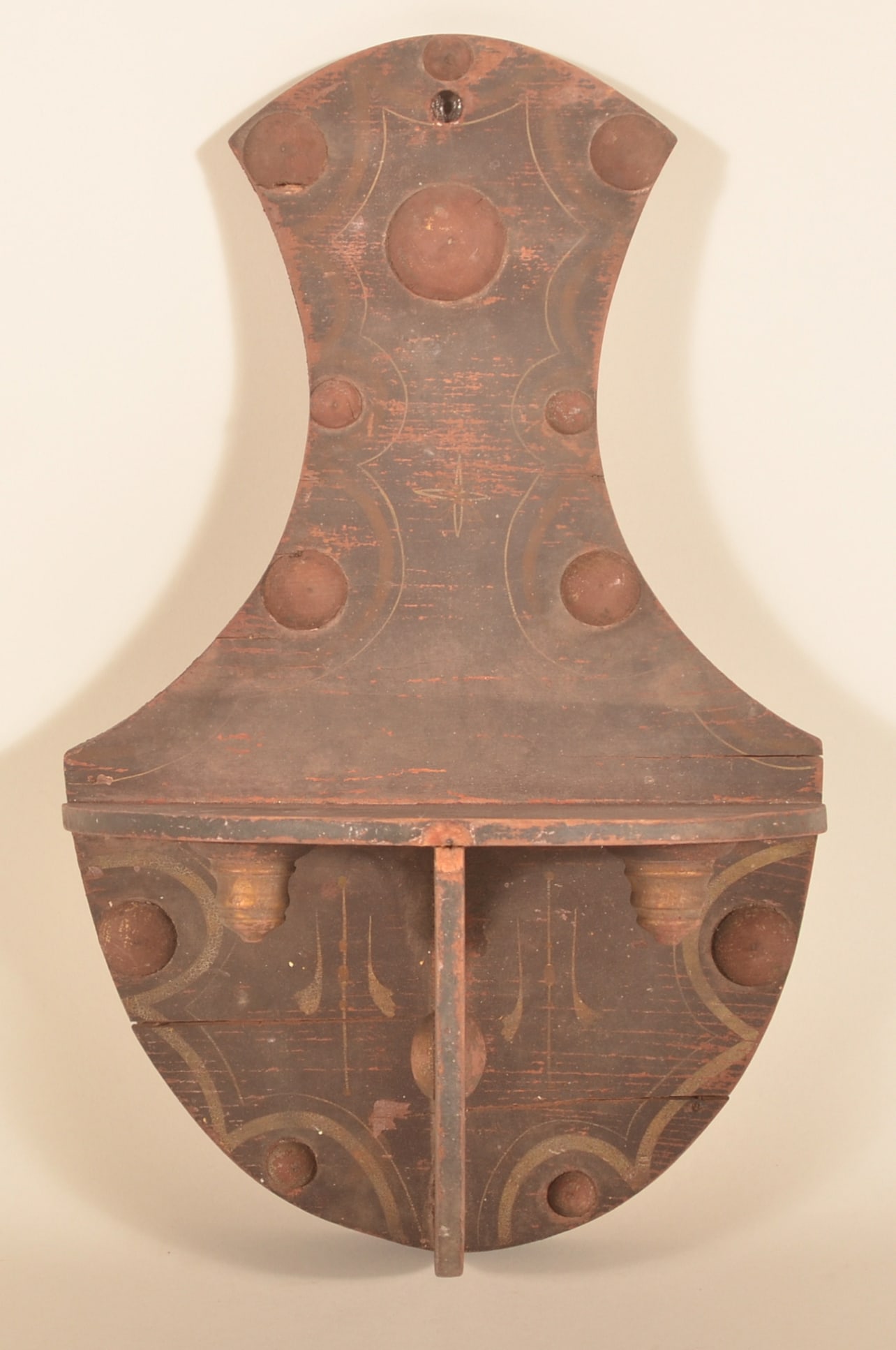 Paint-Decorated Late-19th C. Hanging Shelf: Great folk art form with applied wood buttons and teardrop turnings. Original paint with pinstripe design. 18"H