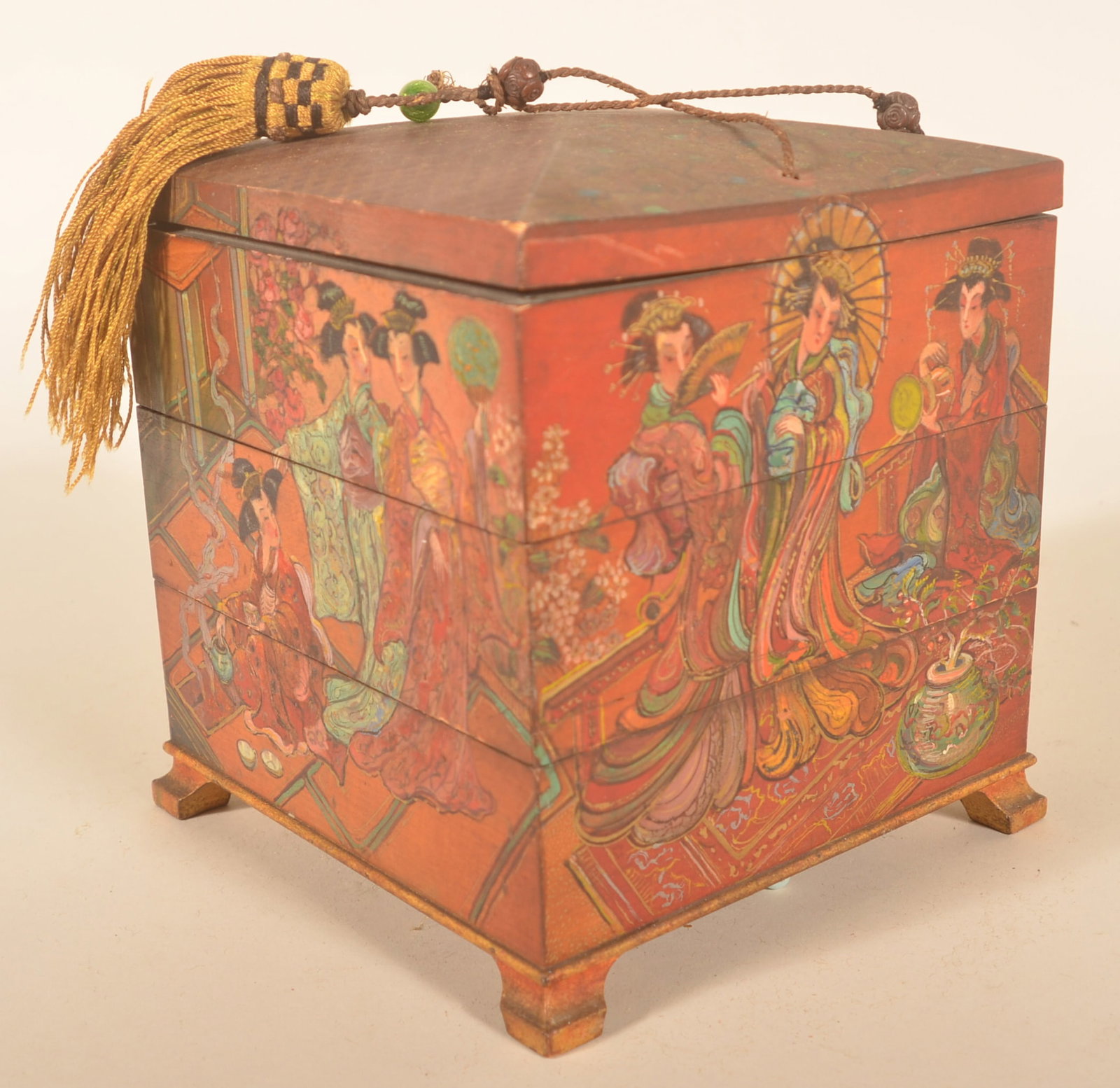 Vintage Chinese Export Stacking Jewelry Box: Wood box with paper label and bracket feet. Several sections connected by string with tassels for carrying. 8 1/4"H x 7"W x 7"D
