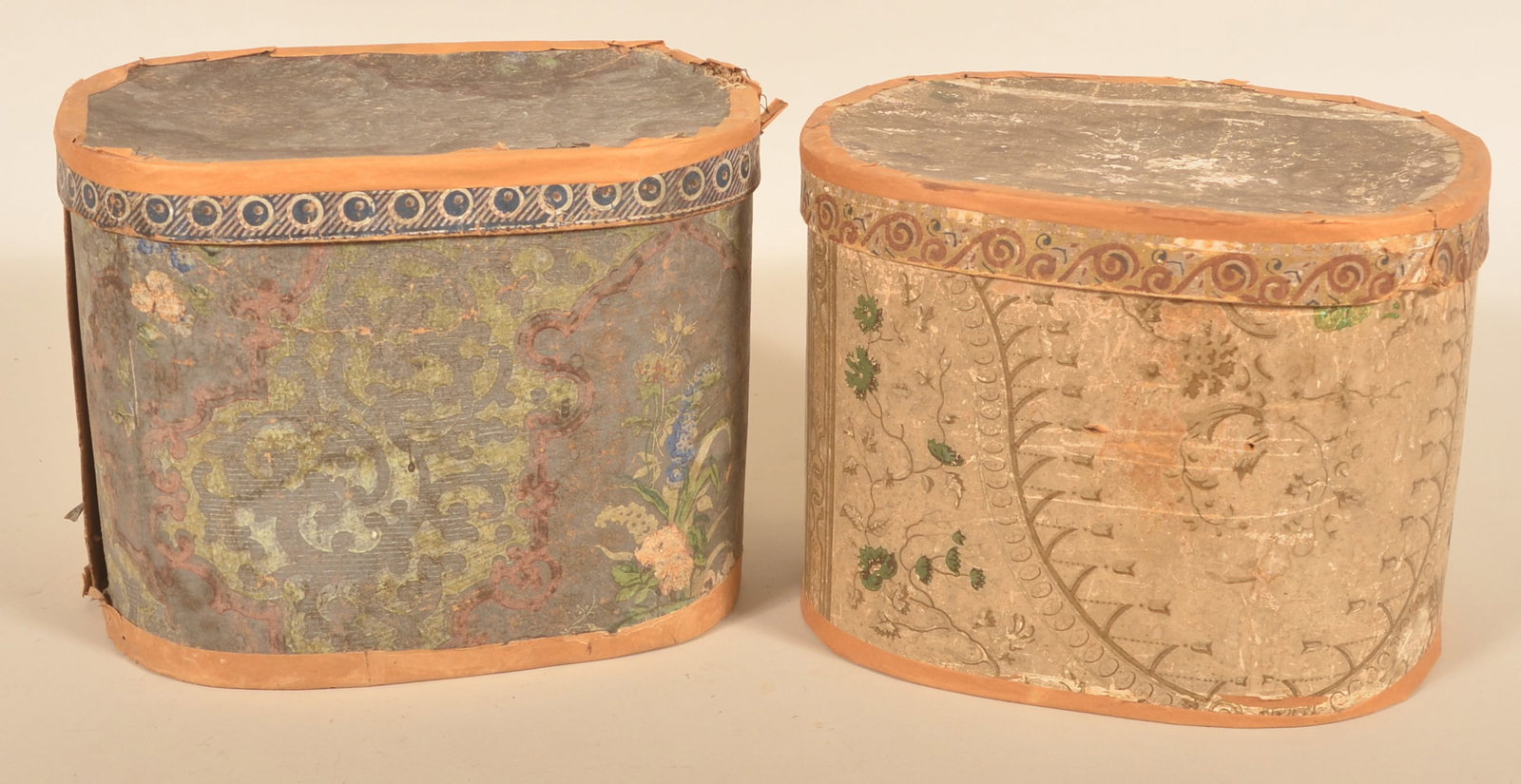 Two Large Pennsylvania Antique Wallpaper Boxes: 1840-1850 boxes, one with a wallpaper print in blue and the other print in gray. 10"H x 13 1/2"W