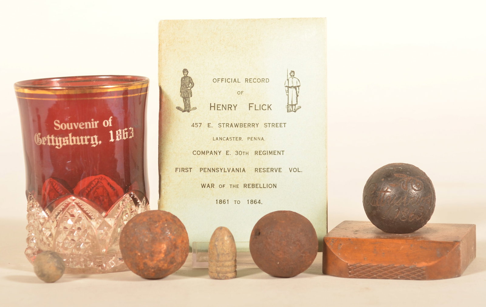 1st PA Reserves Booklet & Gettysburg Artifacts: Very nice grouping of items found in a local estate. A private printed booklet done by Henry Flick of Company E 1st Reserves/30th Pennsylvania in January 1925. 21 pps with a photo of him in his GAR