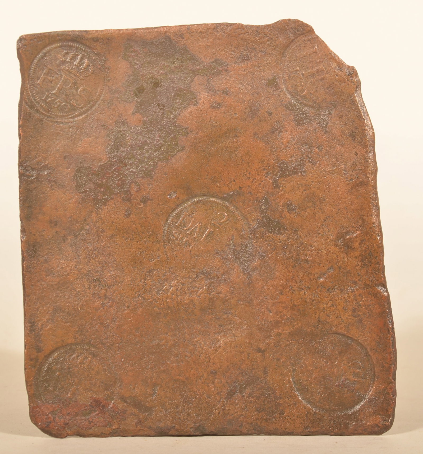 Antique 18th C. Swedish Copper FRS Money Plate: Fragment of a money plate with five coin impressions. One with visible date of 1750 and "FRS" representing King Ferdinand I of Sweden. 7 3/4"H x 6 3/4"W