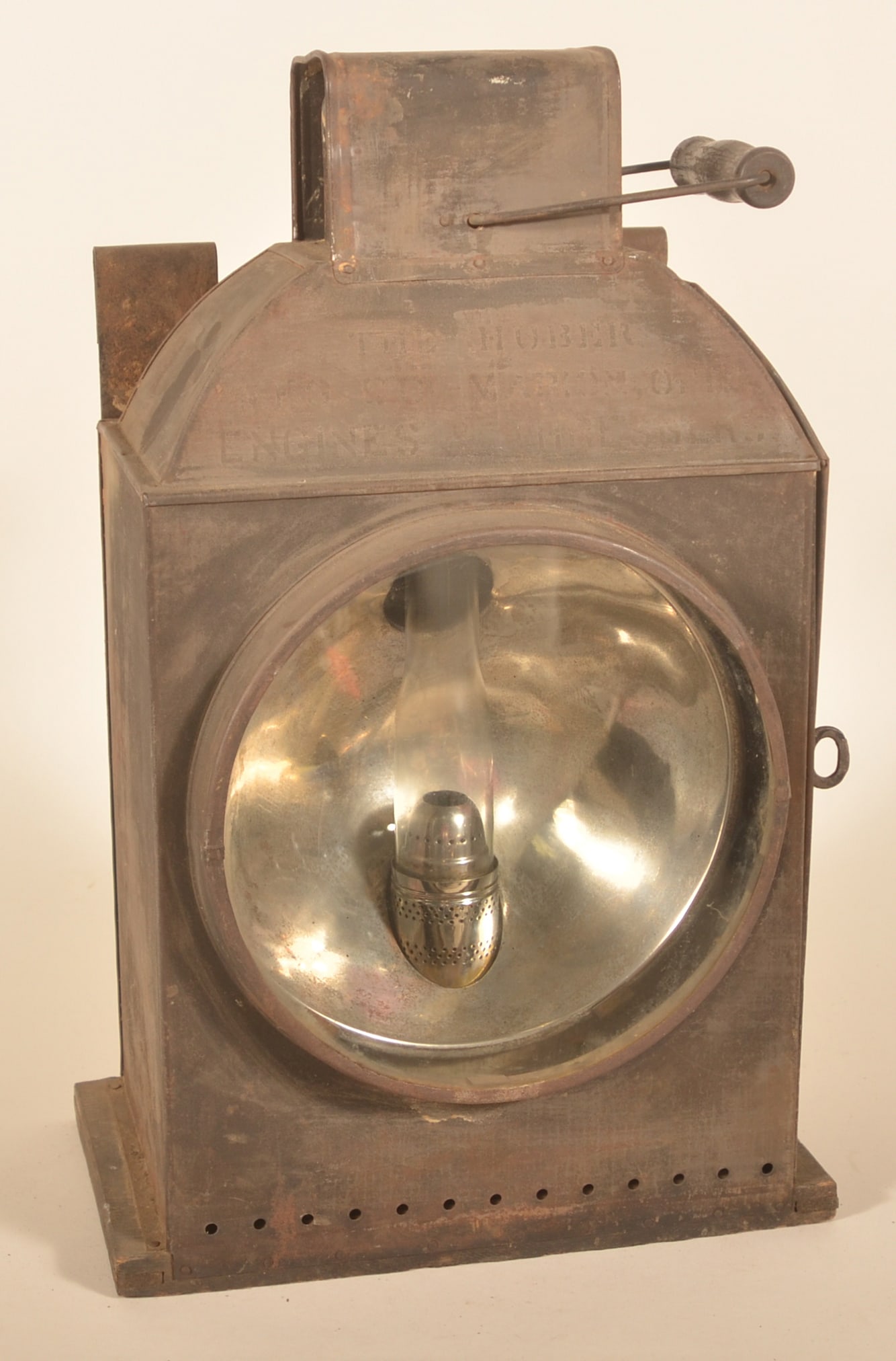 Huber Manufacturing Company Locomotive Headlamp: Great, large headlamp with mounting hooks on back and wood handle on top for transporting by hand. Faint stencil on metal piece above glass says "The Huber Mfg Co Marion, OH Engines & Threshers".