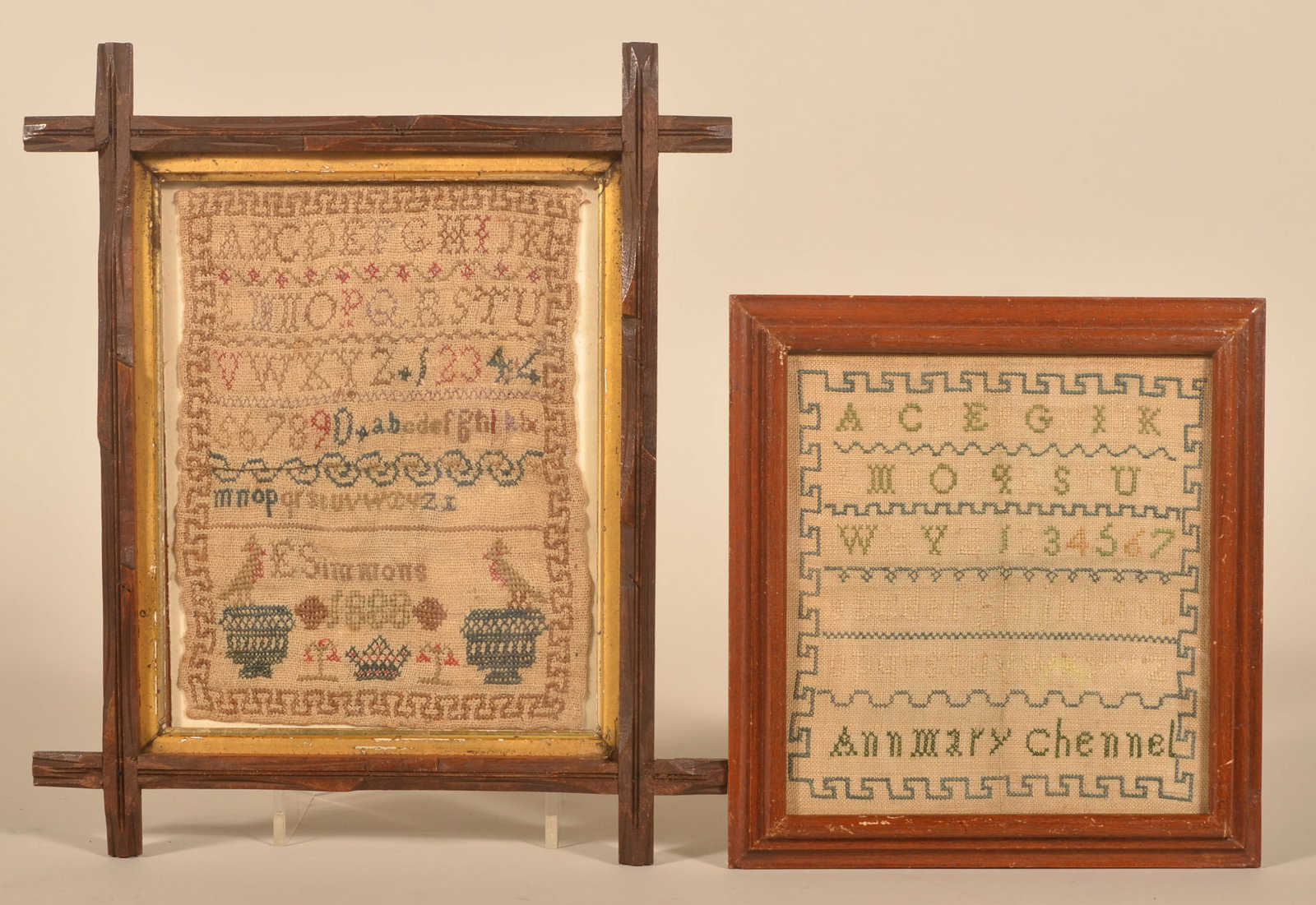 Two Small 19th C. Antique Needlework Samplers: Both schoolgirl samplers, one signed "Ann Mary Chennel" in period frame. The other signed "E Simmons" and dated 1888 with birds, alphabets and a geometric border. Simmons with frame, 14 1/4"H x 12