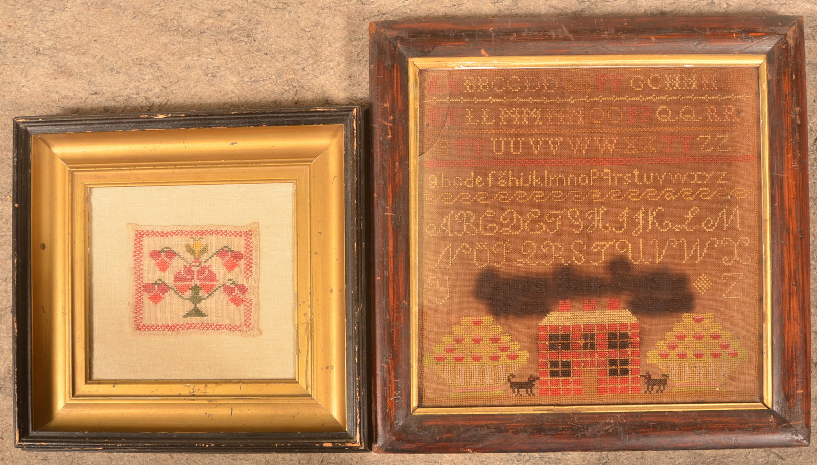 Two Antique Framed 19th C. Needlework Samplers: One small piece of needlework the size of a handkerchief depicting a strawberry plant. Note attached to reverse states this was done in 1797 by Judith Nesly and the back in ink "Coulter Family Phila
