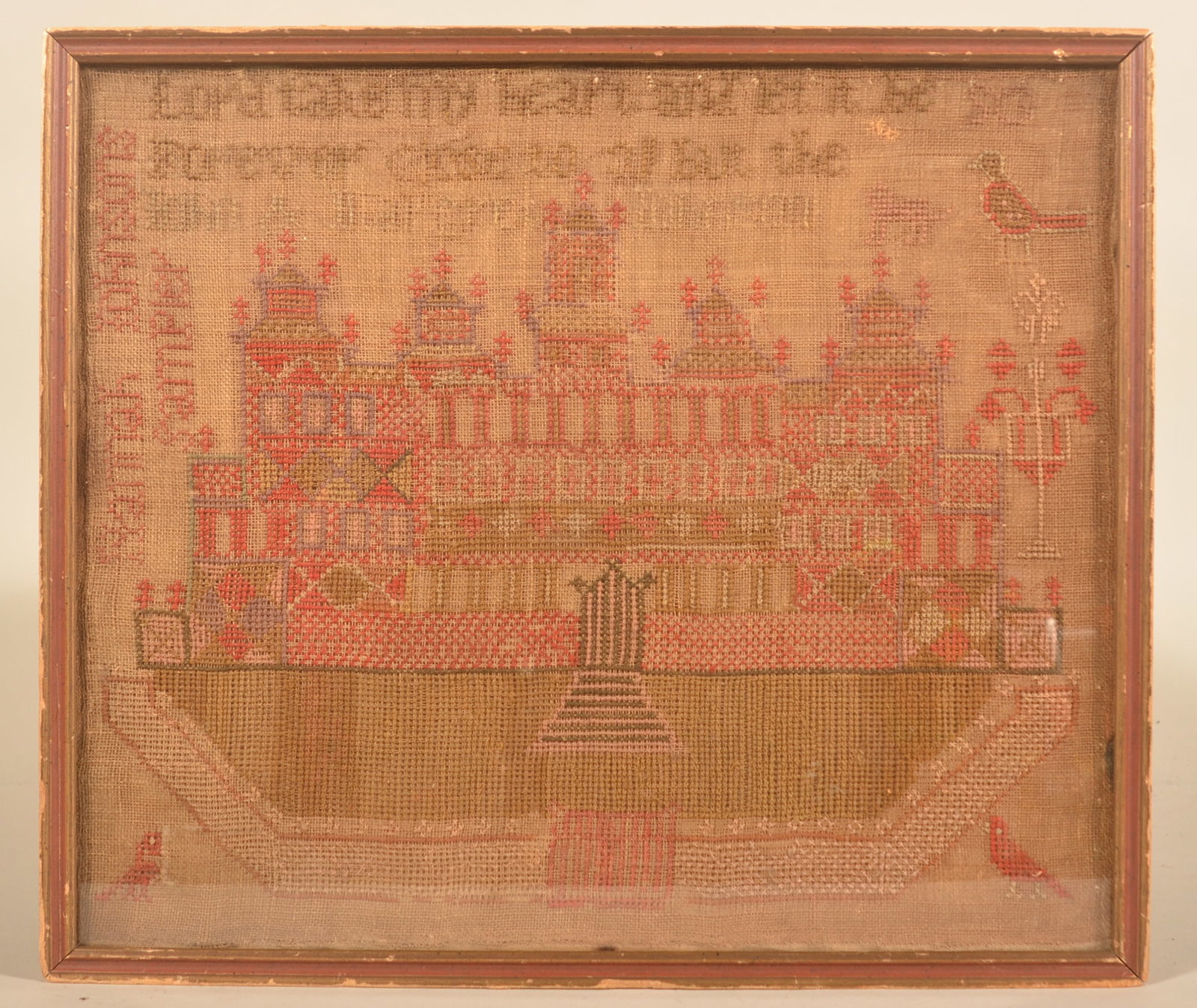 Antique Needlework "Hannah Johnson's" Sampler: 19th-century framed sampler featuring an English interpretation of Solomon's Temple. Stitched "Lord take my heart and let it be, forever close to all but thee". 14"H x 16 1/2"W