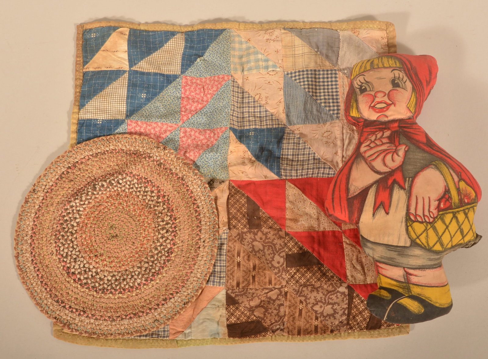 Antique Crib Quilt, Braided Mat & Fabric Doll (1 of 4)