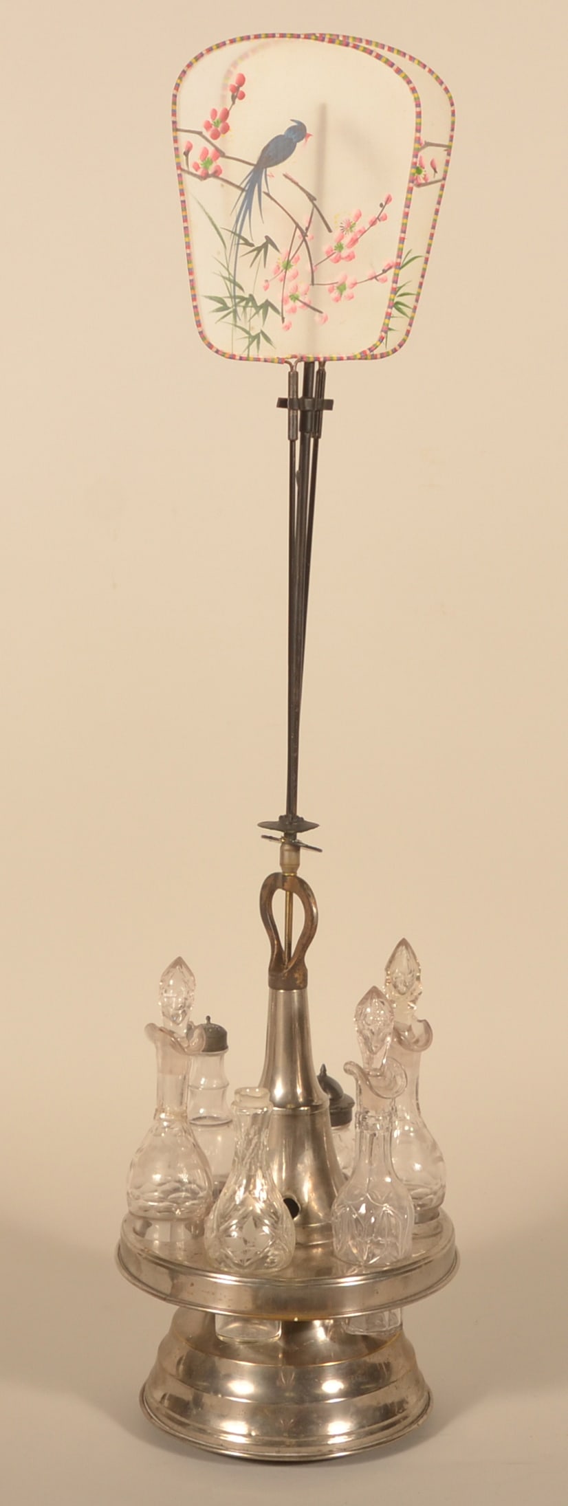 Rare 1883 Mechanical Hunts Fly Brush w/ Cruet: Nickel-plated base marked "Hunts Fly Brush Pat May 22 1883 Parker & Parker Manfr's Boston Mass". Integrated is a cruet set. Key wind mechanism causes the attached fans to agitate causing flies and bug