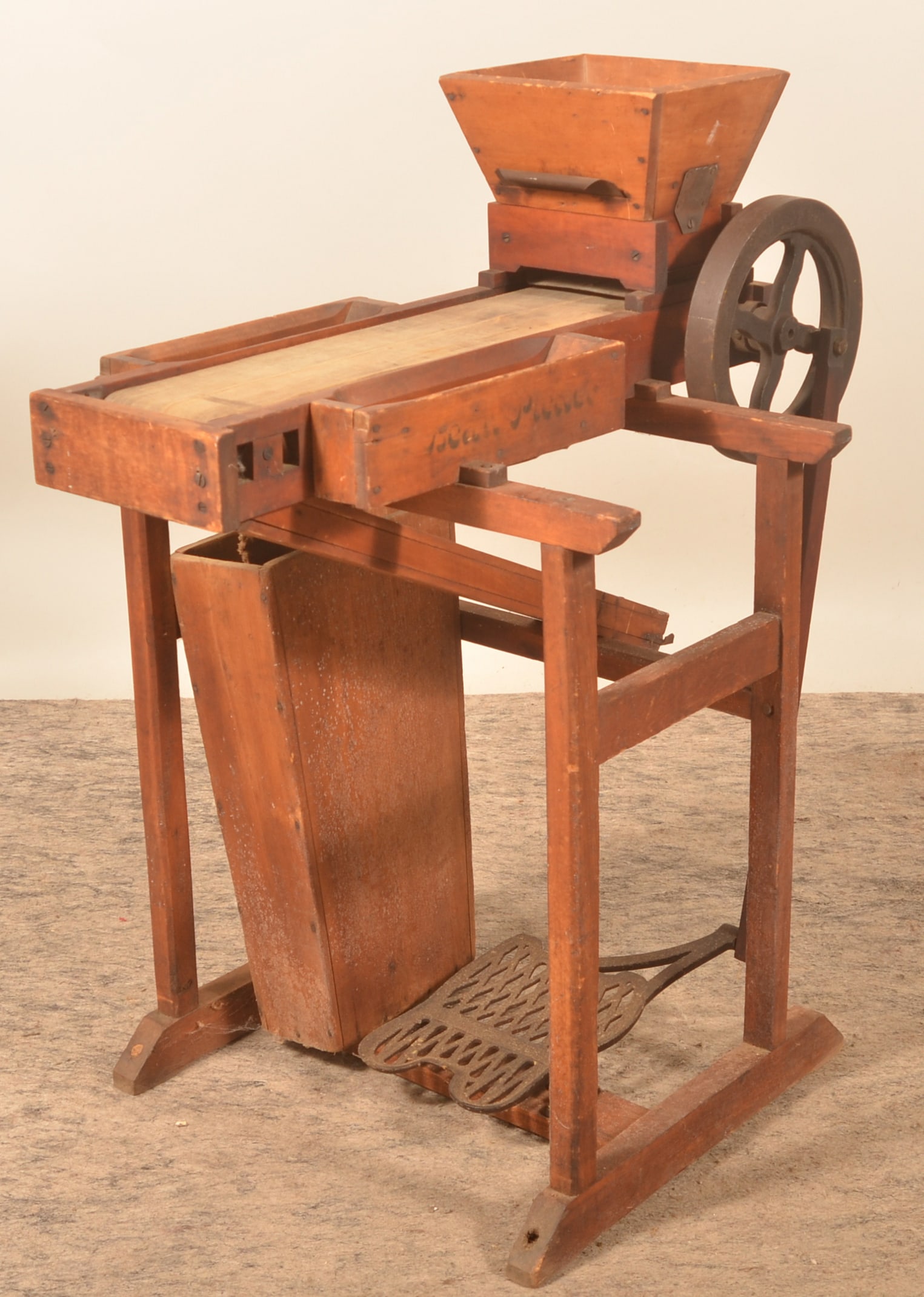 Antique "Bean Picker" Treadle Power Sorter: Complete piece of late-19th-century machinery found on the farm, treadle operated and used for beans or seeds. Stenciled on both sides "Bean Picker" in green paint. Provenance: The collection of Russe