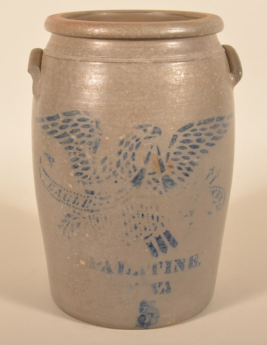 Palatine, WV 5-Gal. Eagle Pottery Stoneware Crock: Attributed to Richey and Hamilton, potters working in Palatine, WV. Typically their eagle and shield stencil has dots in the banner, however, this eagle stencil says "Eagle Pottery" which is