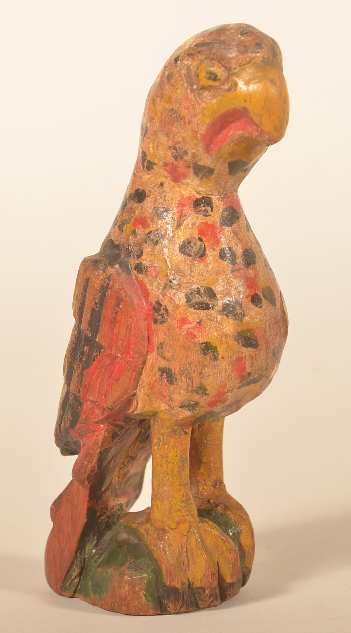 Large Carved & Painted Schimmel Parrot: Wilhelm Schimmel (?-1890) turned up in the Cumberland Valley area around Carlisle sometime after the Civil War. A heavy drinker, he would travel from tavern to tavern with his penknife and carved