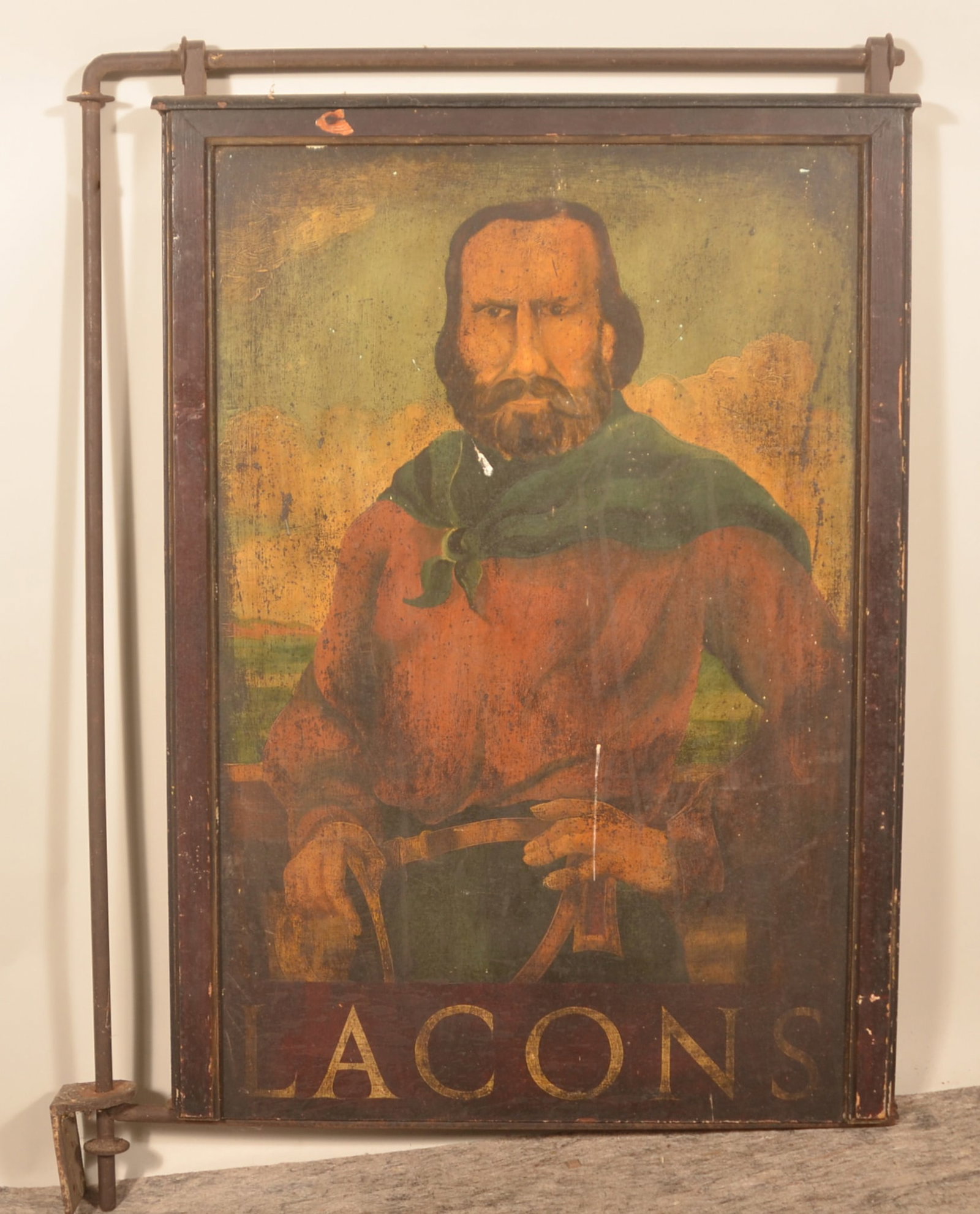 Large Unusual Double-Sided Painted Tavern Sign: Excellent iron and steel hanging bracket with molded wood frame in a dark red finish. Two separate signs painted on composition the word "Lacon" painted on one side with a dashing individual and "The 