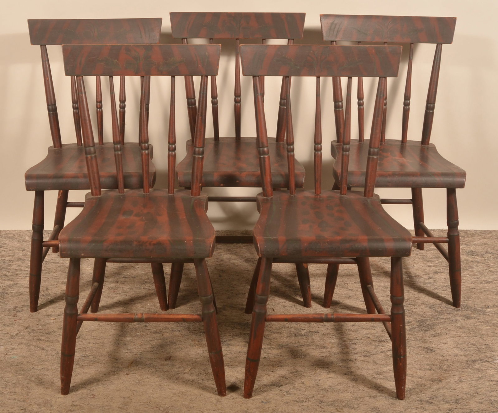 Early Pennsylvania Paint-Decorated Side Chairs: Five spindle-back side chairs found in Somerset County, Pennsylvania. Nice turnings in a great red and black paint with green pinstriping on the seat and floral stencils on the backboard and front edg