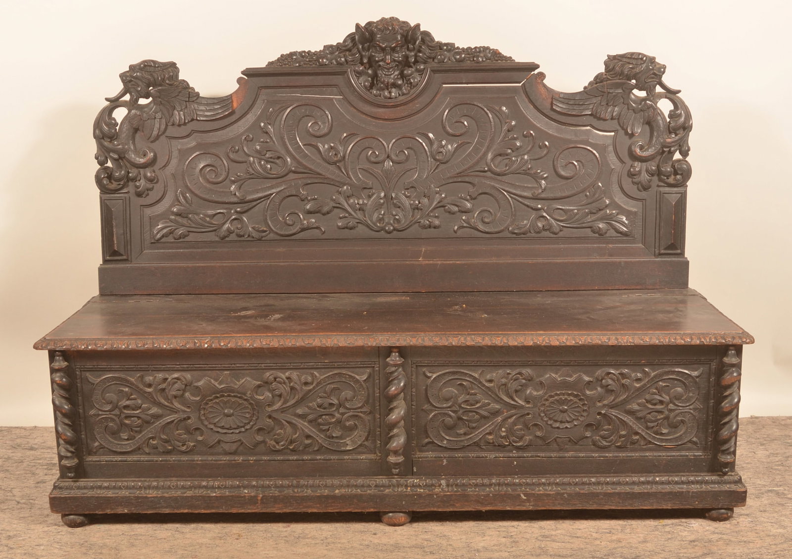 Carved Renaissance Oak Wood Box/Bench w/ Gargoyle (1 of 6)