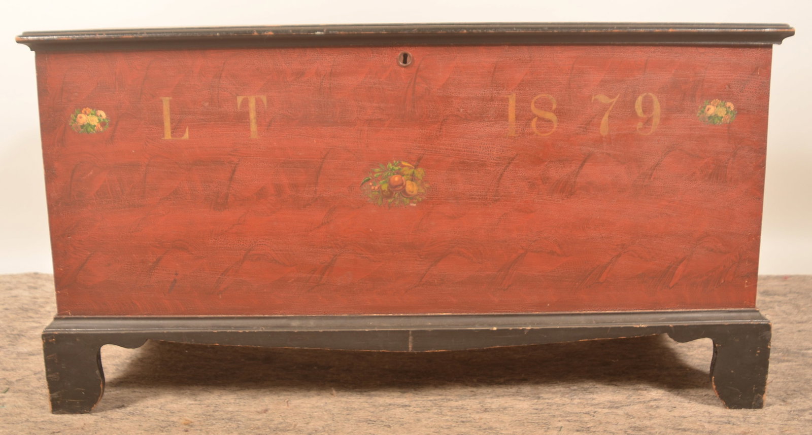 1879 Initialed "LT" Soap Hollow Blanket Chest: We are pleased to offer five pieces of painted Soap Hollow including this stenciled blanket chest initialed "L T" and dated "1879" in the original paint. Attributed to Joseph (1847-1912) and John (185