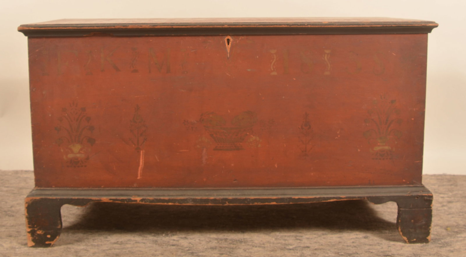 1858 Painted & Stenciled Soap Hollow Blanket Chest: Attributed to John Sala (1819-1882), Mennonite cabinet maker and farmer who lived and worked in Conemaugh Township. Dovetailed blanket chest with typical shaped apron indicative of Soap Hollow chests
