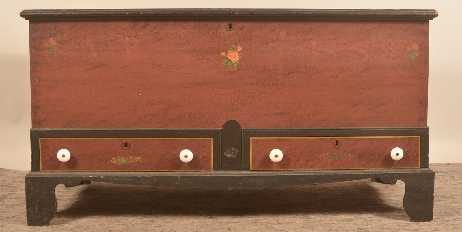 1889 Painted & Stenciled Soap Hollow Blanket Chest: Very nice 2-drawer blanket chest in red and black paint decoration attributed to Joseph and John Sala. Stenciled initials "A B" and the date "1889" with applied decals. Dovetailed pine and poplar ches