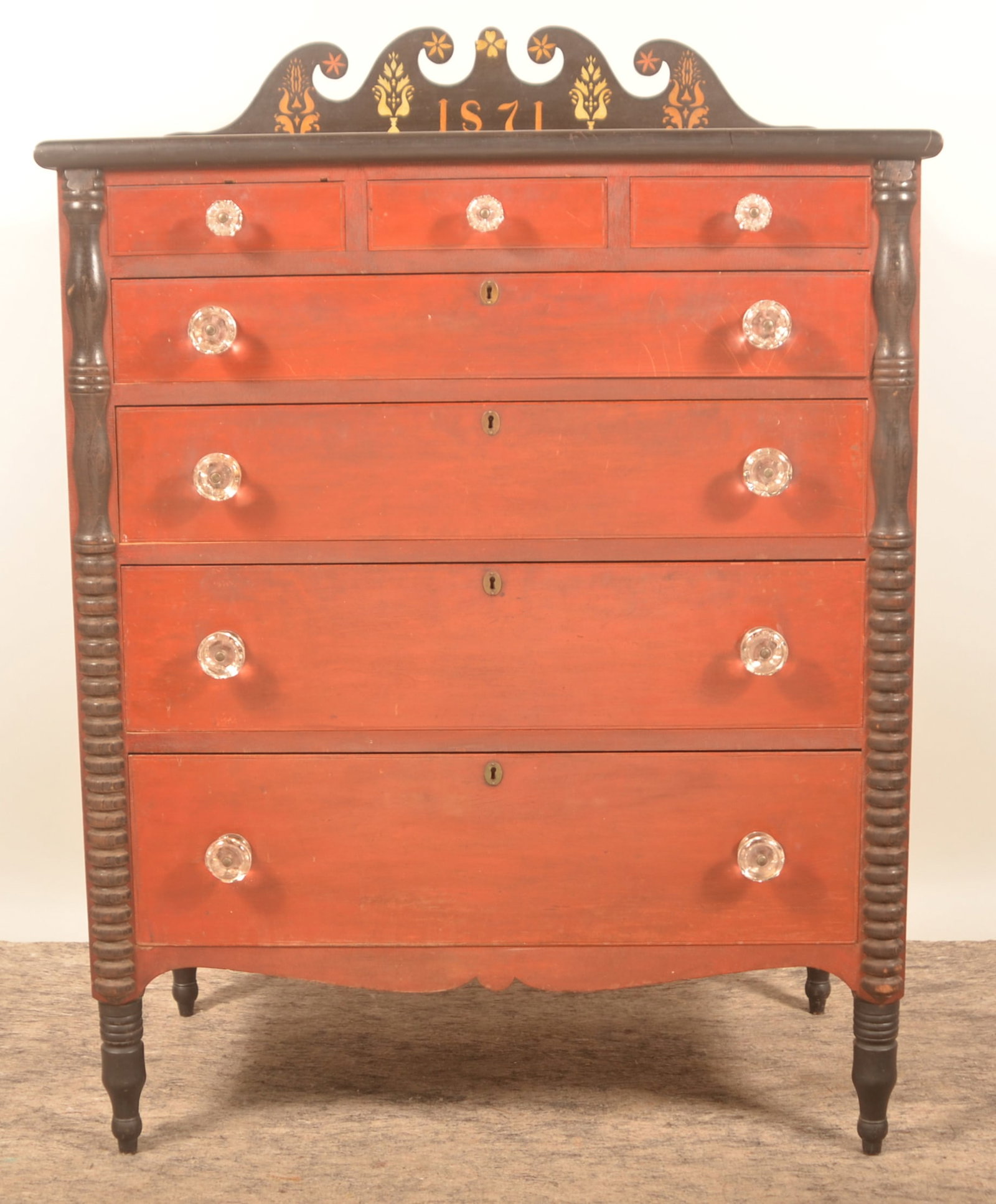 Dated 1871 Soap Hollow Chest of Drawers: Attributed to John and Joseph Sala. Stenciled backsplash with year and note the hearts in the center. Three over four graduated drawers with 1/2-turned columns and turned legs. Brass escutcheons,