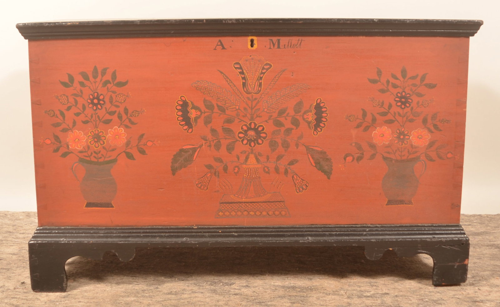 Excellent Joel Palmer PA Decorated Blanket Chest: Rare blanket chest painted by Joel Palmer (1812-1884), Sideling Hill area of Fulton County. The chest was painted for "A Mellott" and features flowers, tulips and vases, all in the original paint.