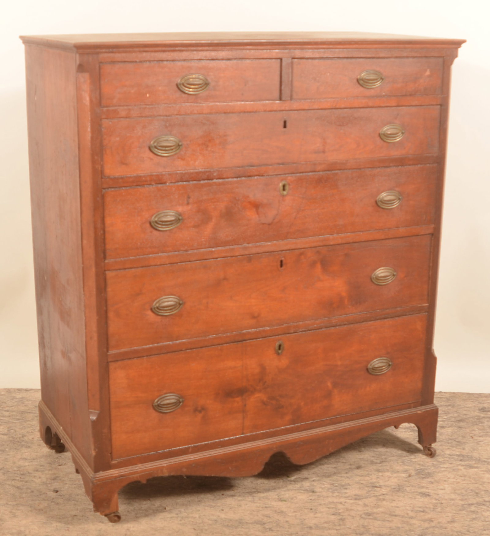 Western Maryland/West Virginia Chest of Drawers: Beefy two over four graduated, dovetailed drawers with chamfered corners and original brasses. Found in Western Maryland. 48"H x 41 1/2"W x 20 1/4"D