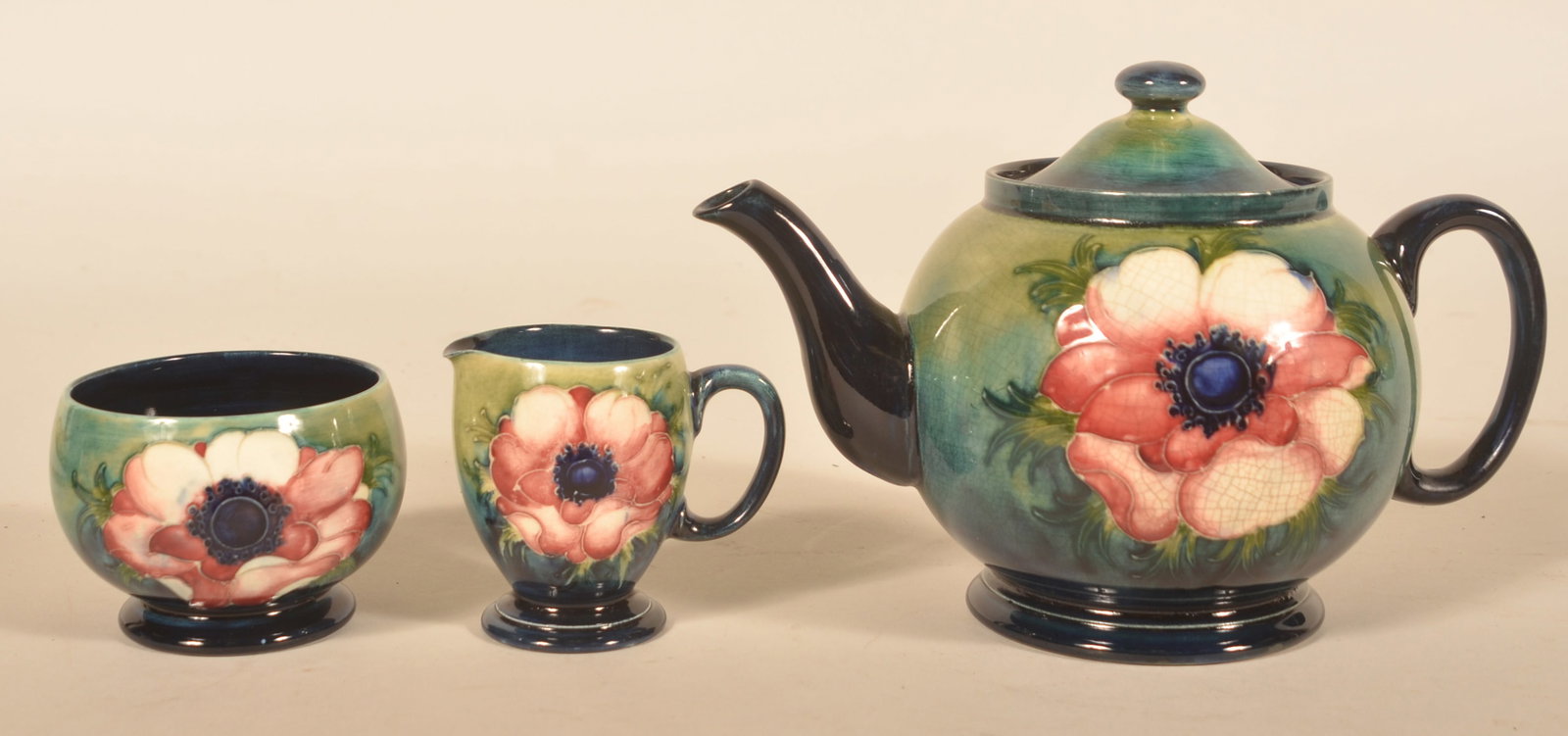 Moorcroft Anemone Pattern Teapot, Cup & Bowl: Each marked "Moorcroft Made In England" on the base. 1930s vintage. Teapot, 6"H