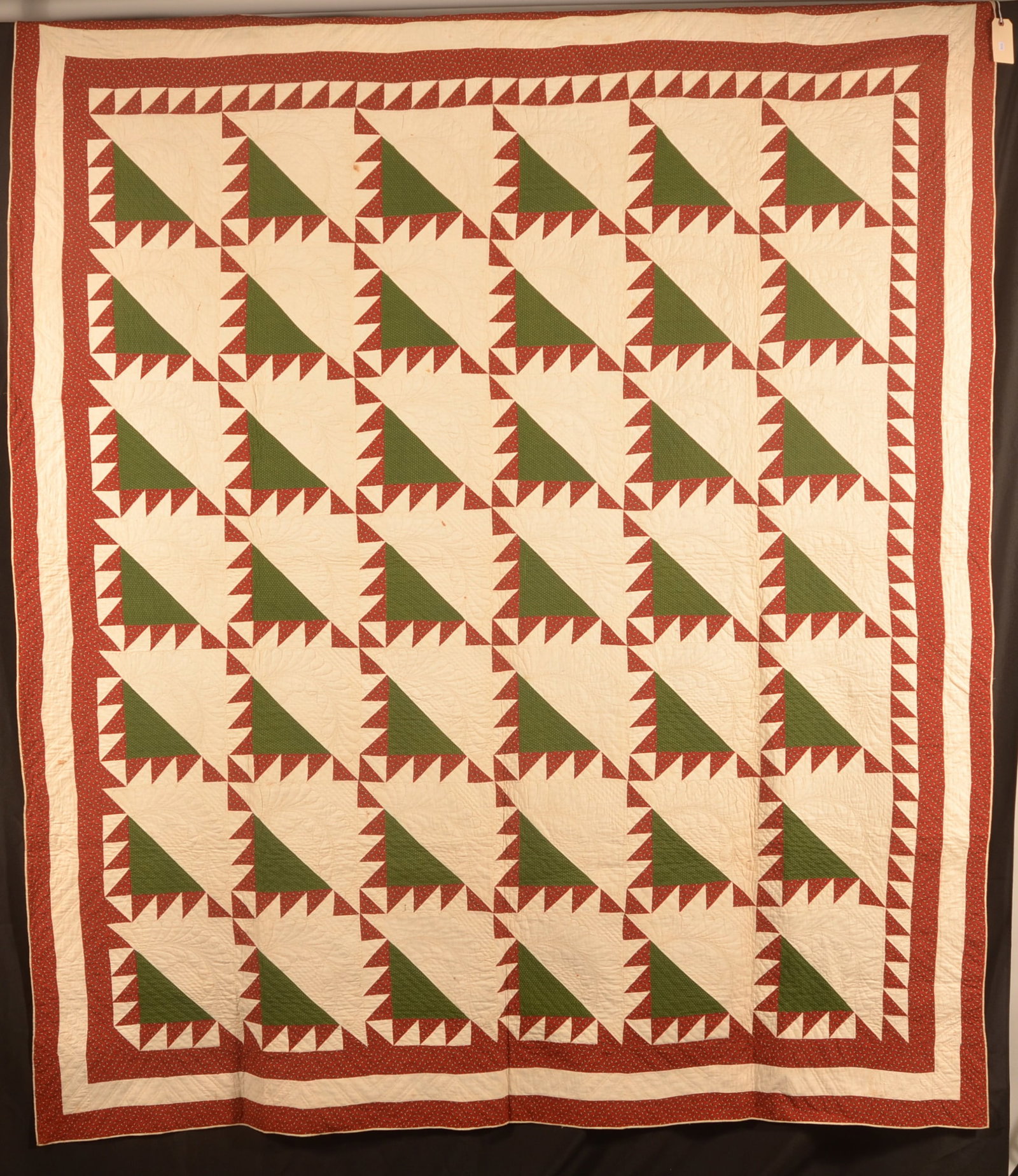 19th C. Lady of the Lake Hand-Stitched Quilt: Beautiful quilt with dark reds, green and white background. Perfect at Christmas. 93" x 80"