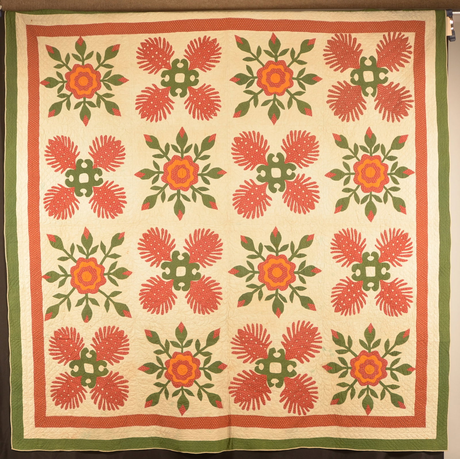 Antique Rose of Sharon Applique Quilt: Striking red/green/burnt orange colors on this hand-stitched applique quilt. Western Maryland origin, ca. 1860-1870. 86" x 88"