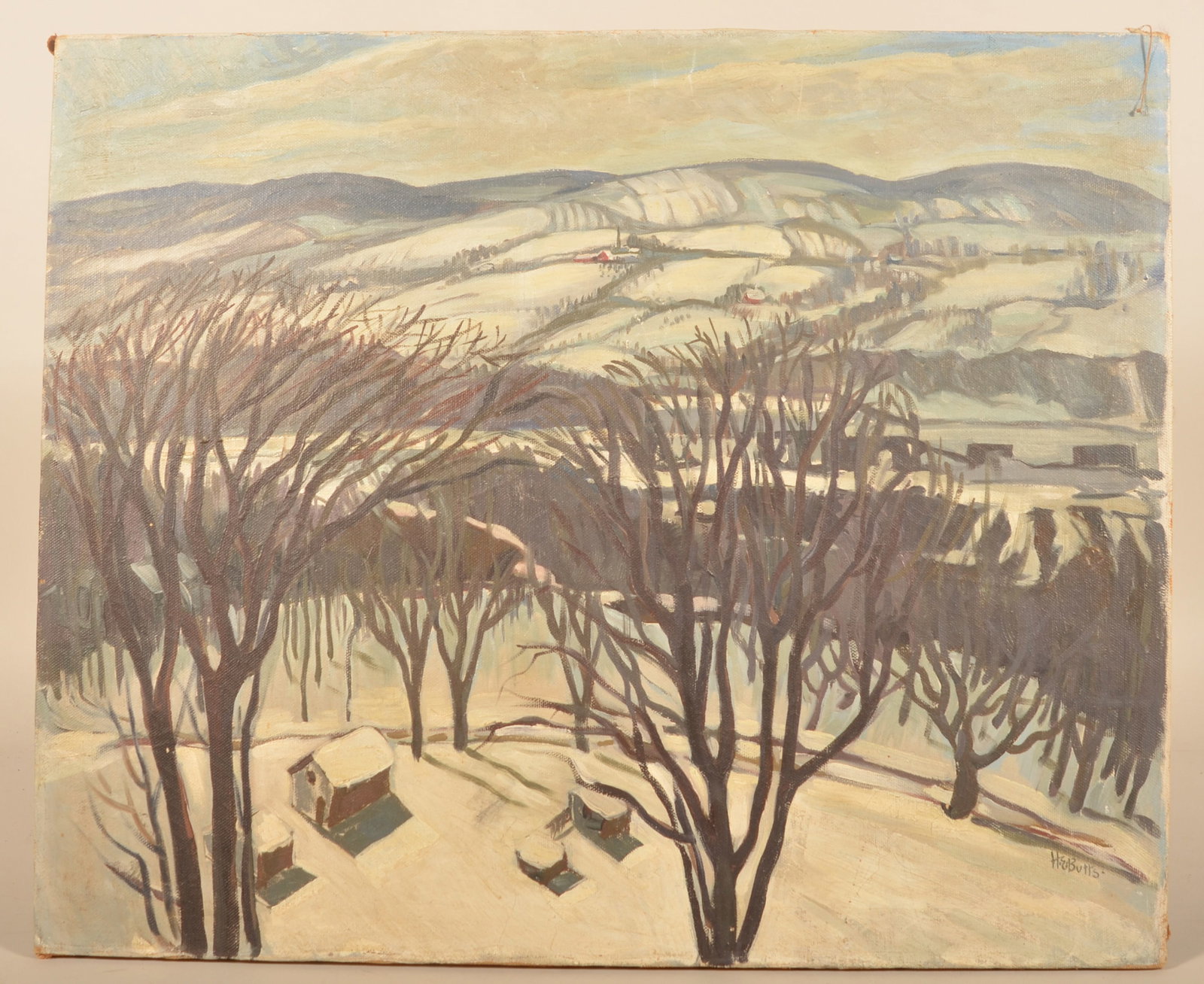 Signed Hudson River Valley Oil on Canvas: Oil on canvas painted by Helmy Sylvia Butts (1911-2005) who was known for painting scenes in Dutchess County and Cape Ann, New York. Note affixed to back of painting says this was on Cottam Hill overl