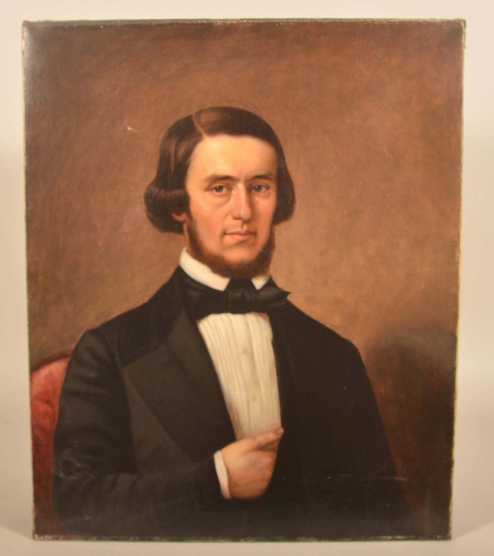 Unsigned 19th C. Oil On Canvas of a Gentleman: Nicely executed oil depicting a gentleman striking a Napoleonic pose. 1830-1840. Unframed. 30 1/2"H x 25"W
