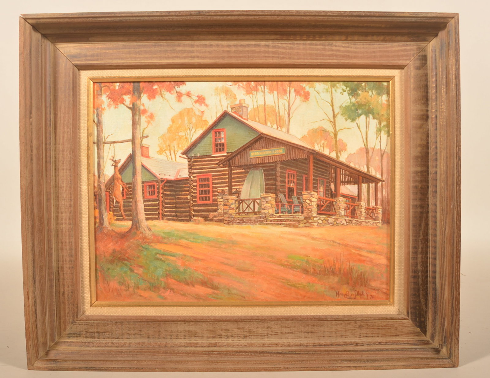 Mary Ellen Silkotch Signed Oil on Canvas: American realist painter from NJ. Painting of the Nebo Hunting Lodge, signed and dated 1974 in lower right corner. With a Jaro Art Galleries exhibition brochure for a showing in 1978. 18 1/4" x 22 1/4