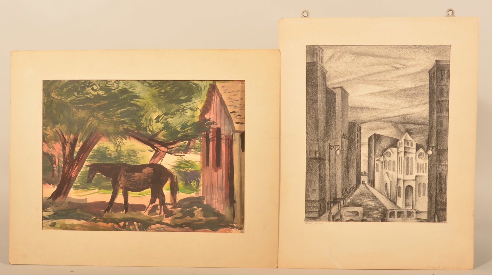 Margaret Sarah Lewis York County, PA Drawings: Two works of art by American artist Margaret Sarah Lewis (1907-1979). A pencil signed charcoal etching titled "Street, Harlem", 1930s. The other a watercolor of a horse under a tree near a barn, signe