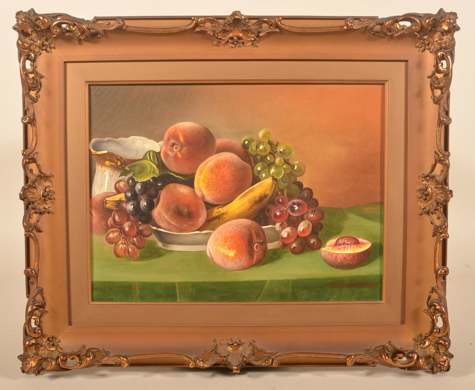 Eugene S. Reeser Oil on Canvas Still Life Painting: Eugene S. Reeser (1862-1922) Berks County, Pa artist. Tabletop, still life painting depicting grapes, peaches and bananas on a green tablecloth. Original ornate gold frame. 19 1/2"H x 23 1/2"W