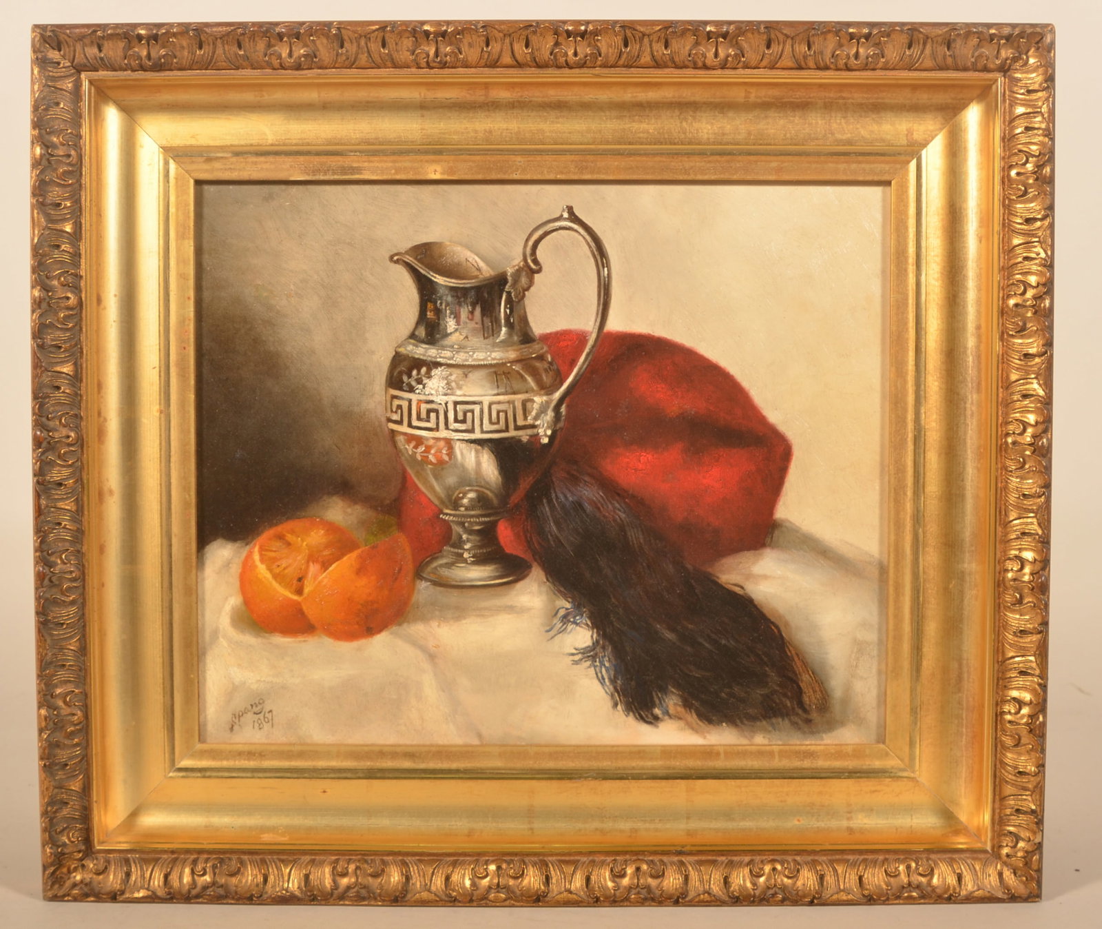 Frederick Spang Berks County Still Life: Excellent oil on canvas painting by Frederick A Spang (1834-1891) from Berks County, Pa. Signed lower left corner with the date 1867. Tabletop still life depicting a silver pitcher, red fez and an ora
