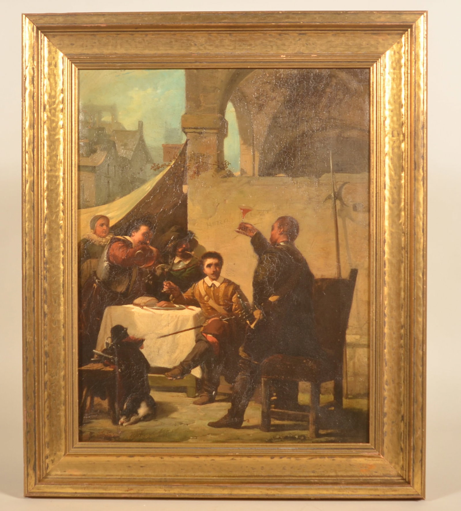 19th C. Italian Oil on Canvas Painting: Painting depicts Renaissance era dressed military men with a camp follower drinking while one gentleman offers a toast. Illegible signature in lower left. Wall in painting has "Huzzah" with two additi