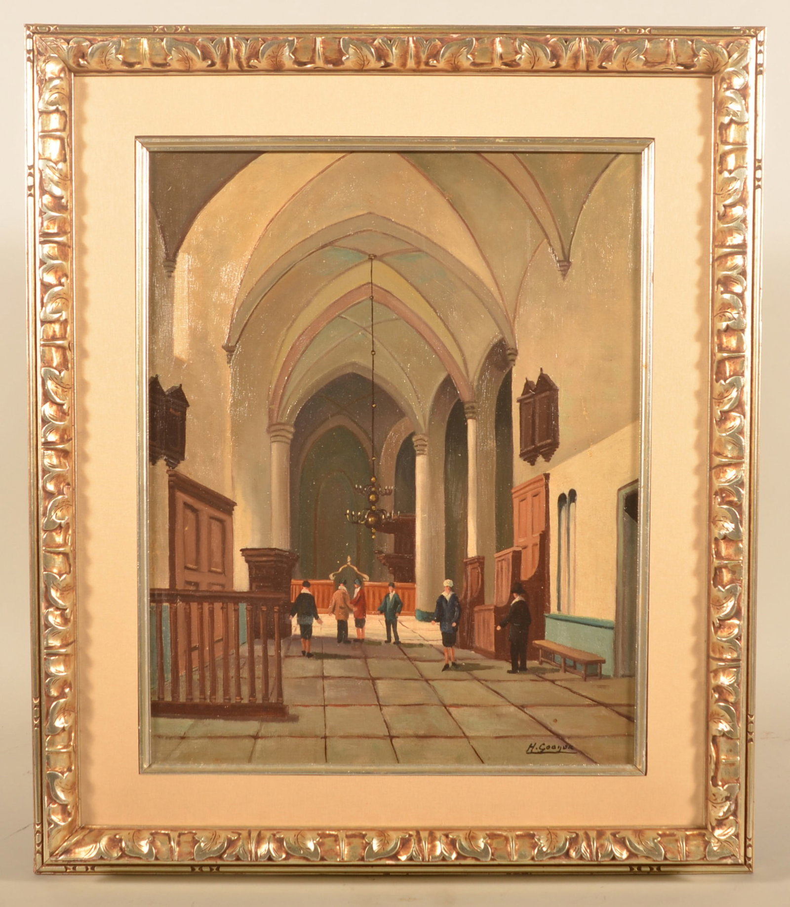 Mid-20th C. Oil on Canvas Church Interior: Clean painting depicting the interior of a Church with various figures. Illegible signature. 27 1/2"H x 24"W