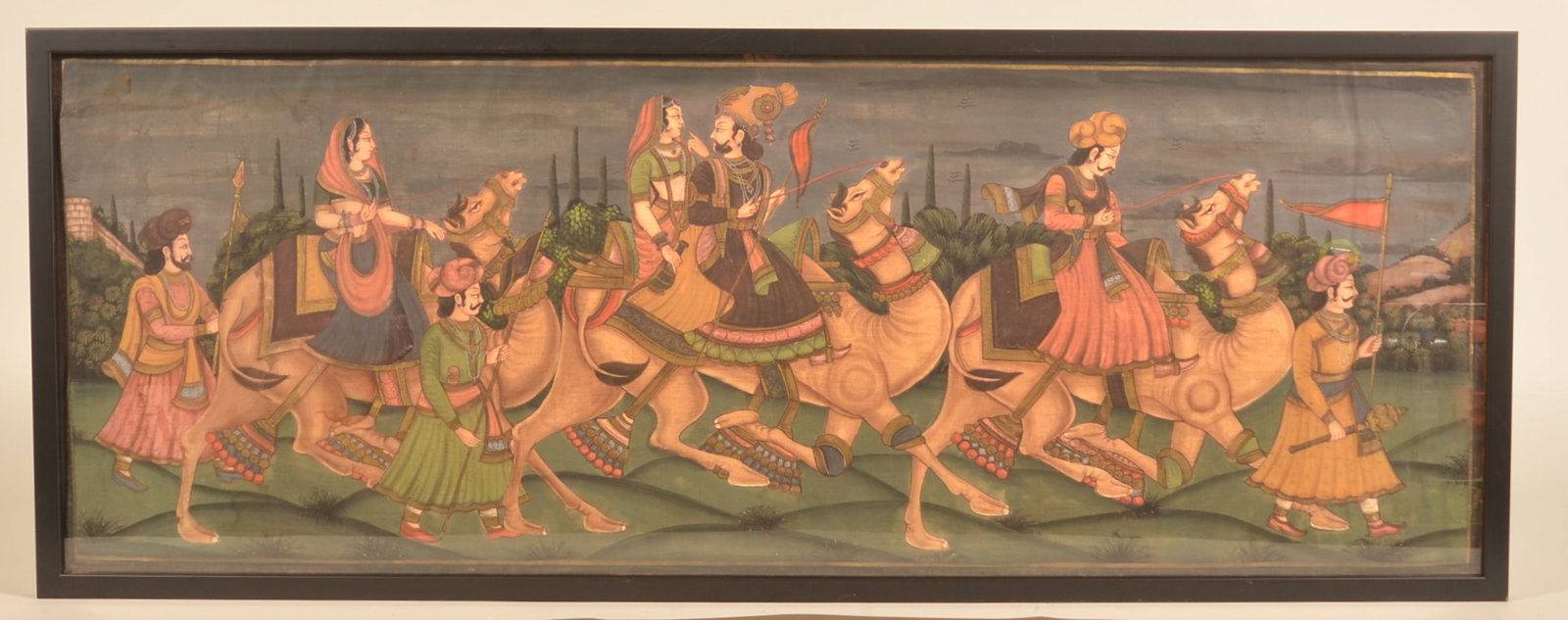 Antique Indian Mughal Procession Painting on Silk: Hand-painted scene of a wedding procession, professionally framed. 17 3/4"H x 45 1/2"W