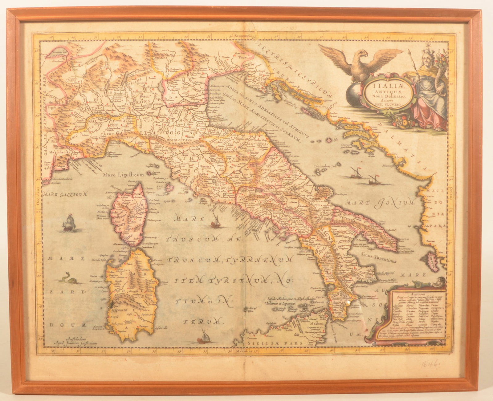 17th C. Map Italia Antiqu? Noua Delinatio: Pencil date in lower right of 1646, map published in Amsterdam by Phil. Cluvero and hand colored. Modern frame. 18 1/4"H x 22 1/2"W