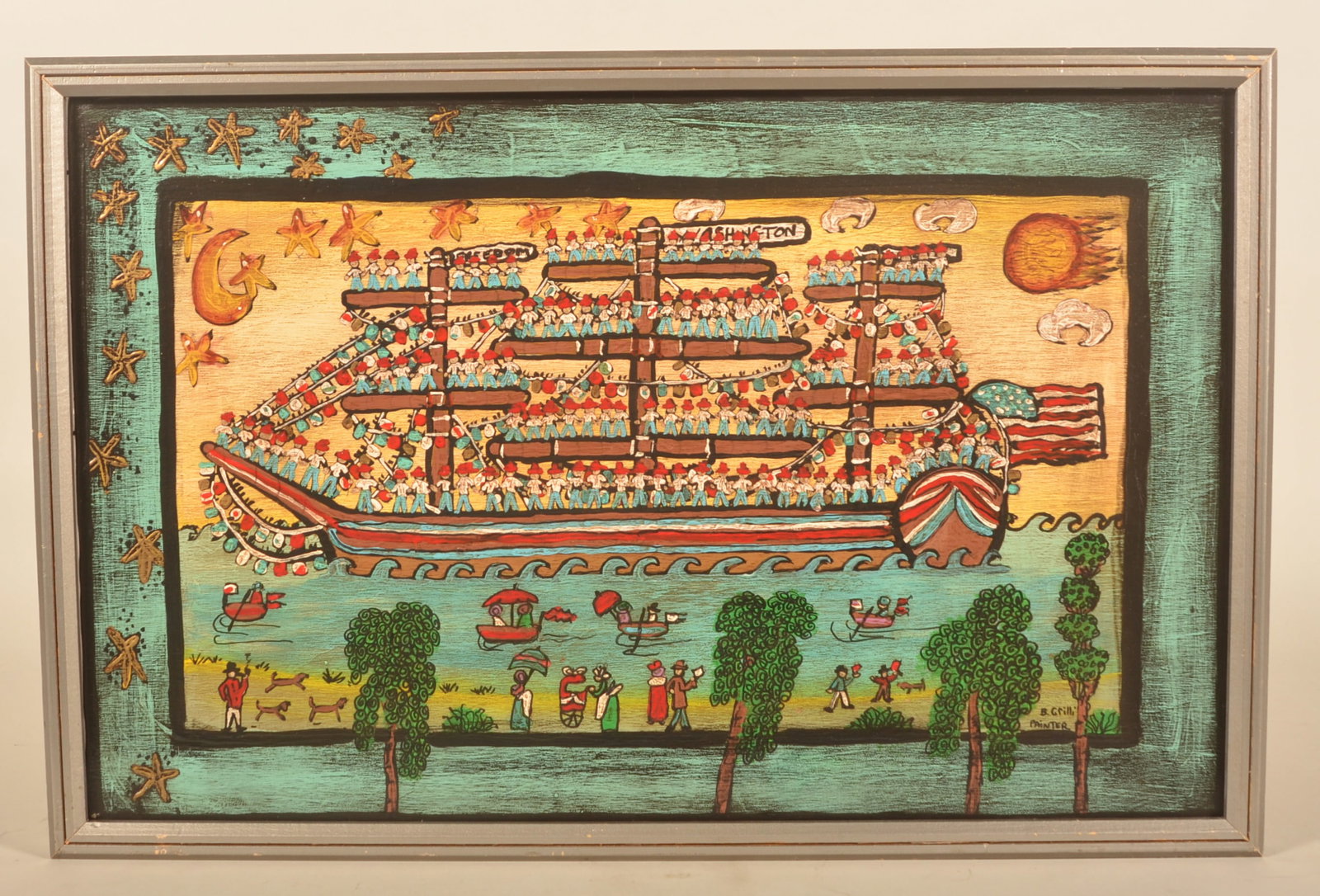 Bonnie Grilli Folk Art Painting on Board: Acrylic on board depicting a patriotic ship flying a pennant with the word "Washington" as well as a large American flag. Signed in lower right corner. 17 1/2"H x 27"W