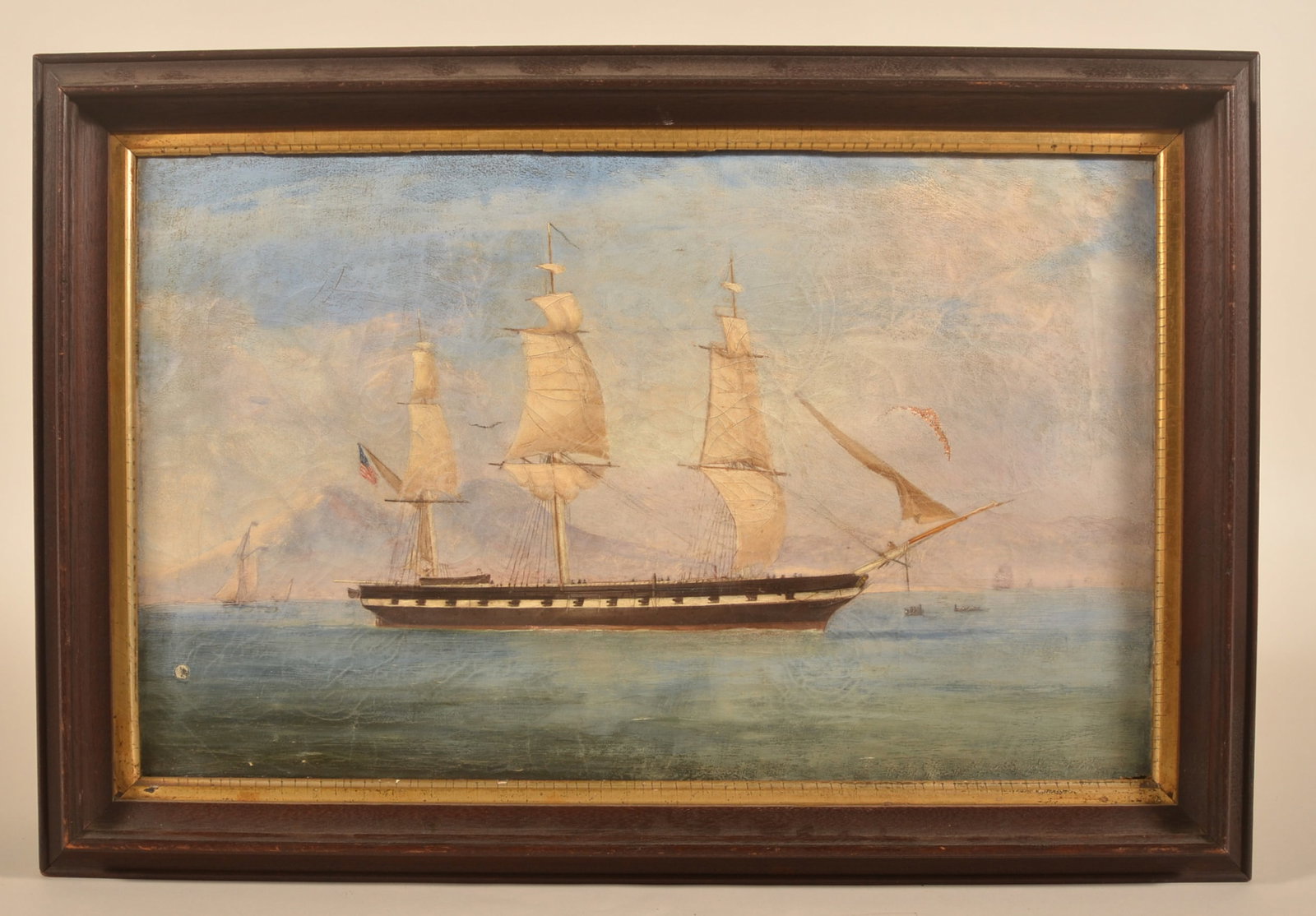 19th C. Folk Art Oil Painting USS Constellation: Oil on canvas painting, ca. 1860, depicting the 3-masted USS Constellation with the American flag flying. Canvas stenciled on back "John H Long" with an address in NY. 18 1/2"H x 28"W