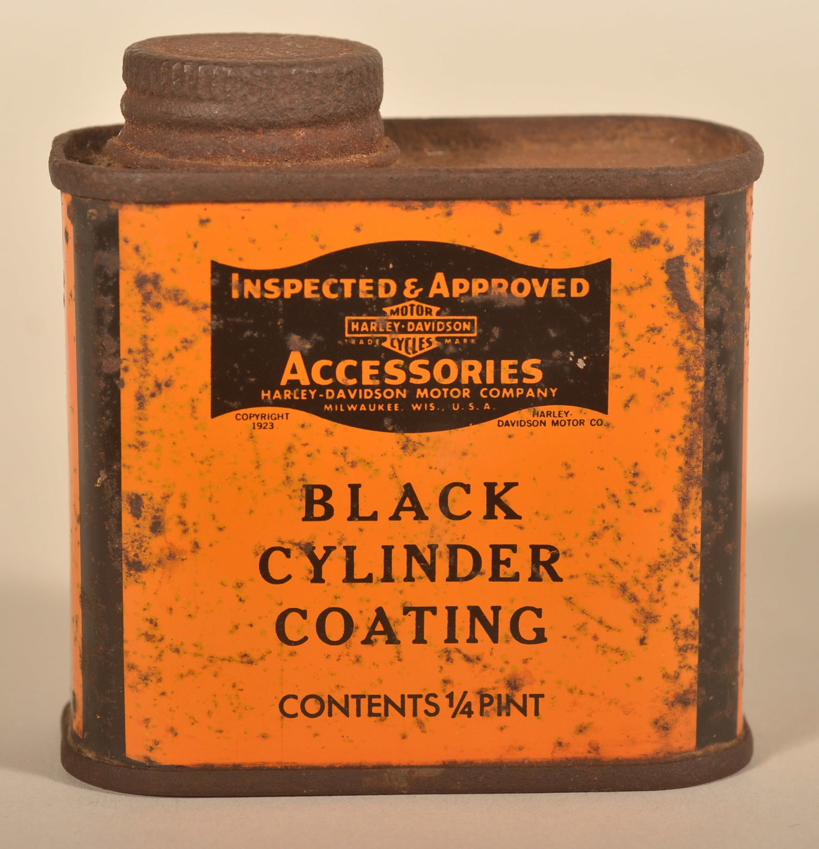 Early Harley-Davidson 1/4 Pint Motorcycle Oil Can: 1/4-pint screw top can marked Inspected & Approved Harley-Davidson Accessories for Black Cylinder Coating. Maker marked CC Co 6-6. 3"H