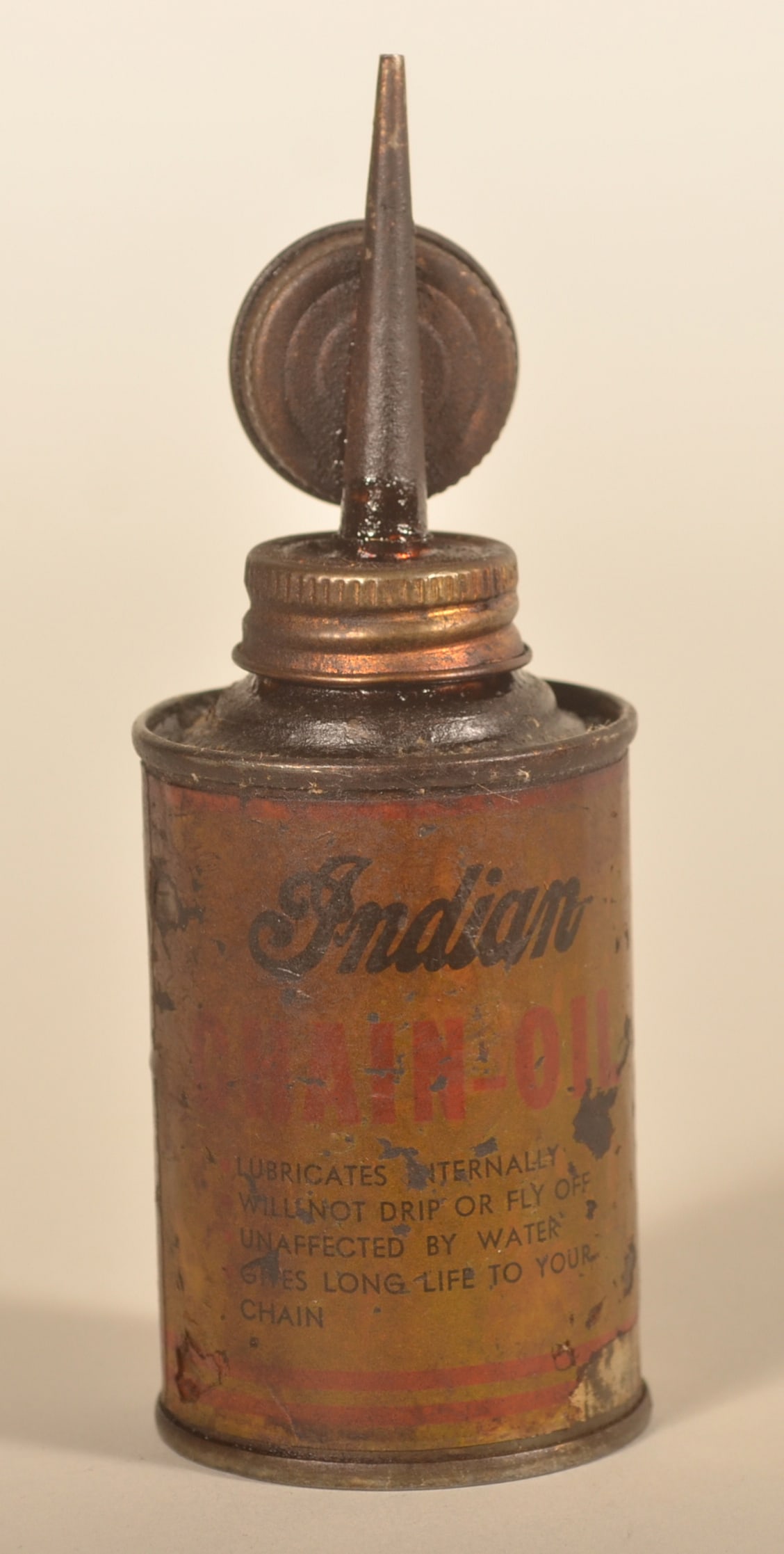 Indian Motorcycle Chain Handy Oiler: Early paper label can from Springfield, Massachusetts. 5 1/2"H