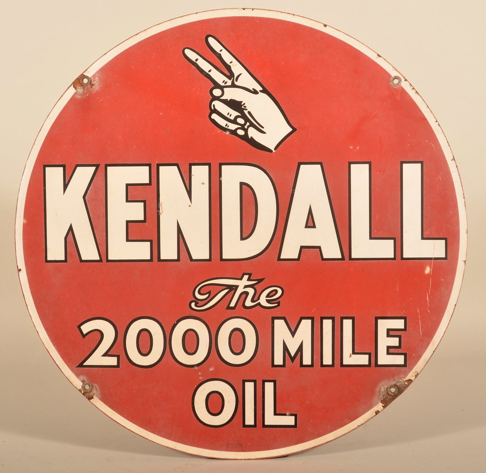 1952 Double-Sided Kendall Tin Oil Sign: Marked "AM 10-52". Includes the grommets. 24"D