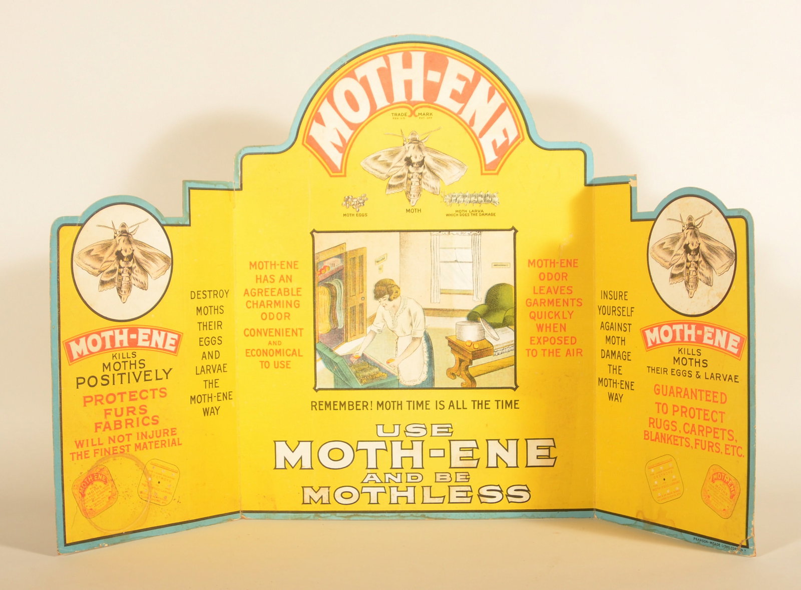 Moth-Ene Tri-Fold Country Store Display Sign: 1920s lithographed cardboard tri-fold sign with advertising guaranteeing to protect your carpets and textiles. Made by Pearson-Meade Litho Corp NY. 27"H x 43"W
