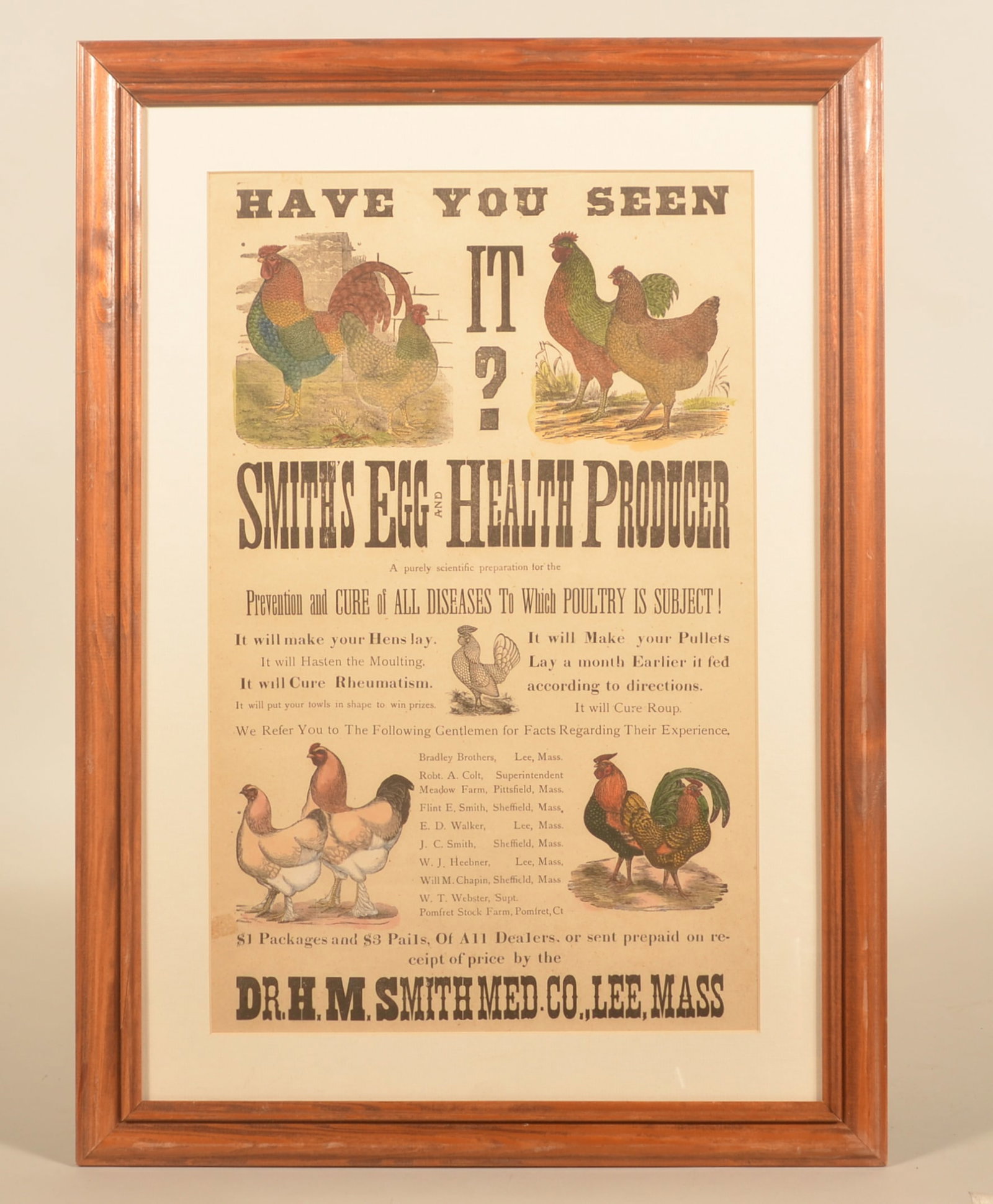 Colorful Smith's Egg & Poultry Framed Broadside: Antique 19th-century paper advertising hand-colored broadside for Smith's Egg and Health Producer. Made by Dr. H.M. Smith Med Co. in Lee, Massachusetts. Professionally matted and framed. 25 3/4"H x 18